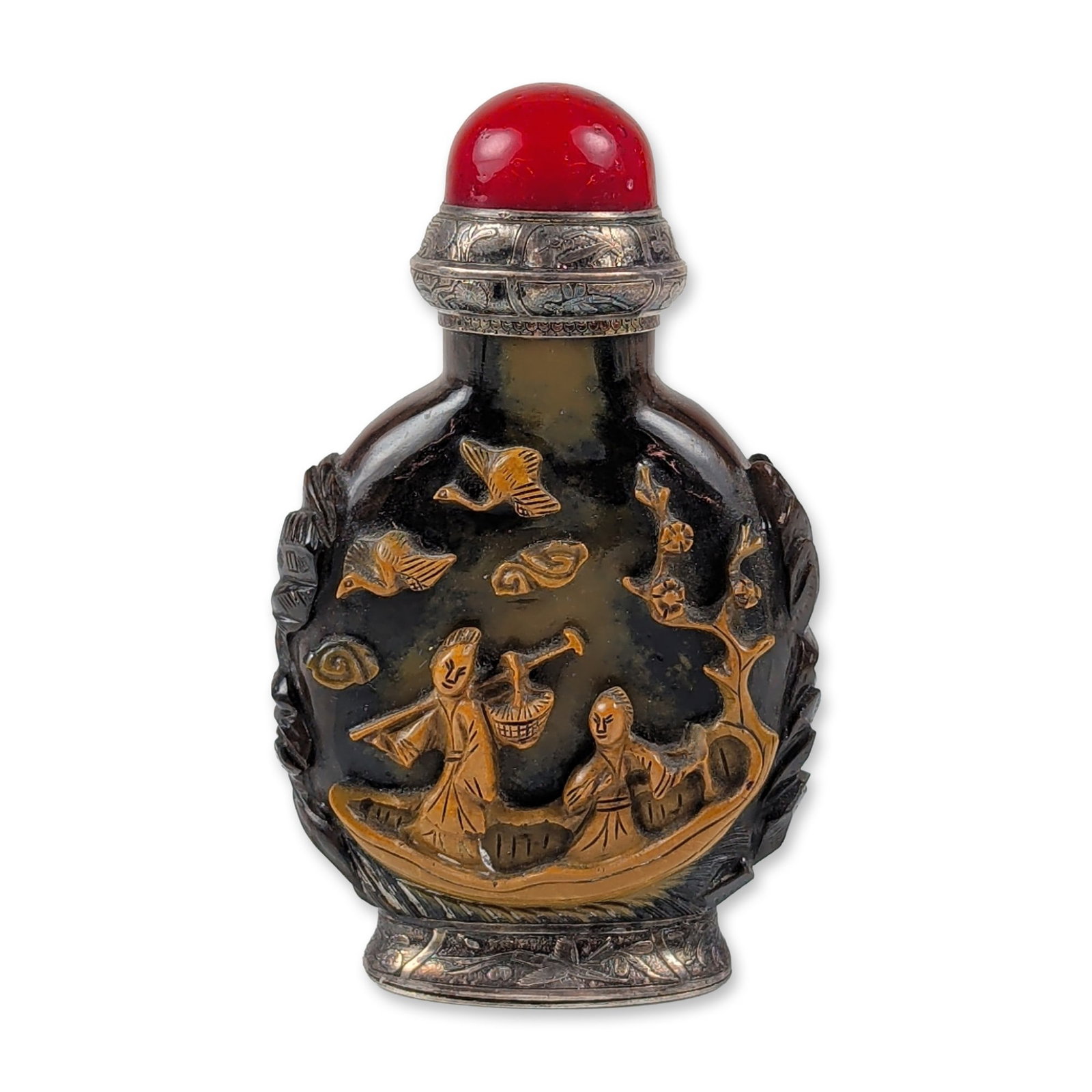 Chinese Carved Stone Snuff Bottle: A snuff bottle in carved stone with silver-tone metal mounts. The body features high-relief cameo carving that utilizes the natural red and yellow color layers of the material. One side depicts two fi