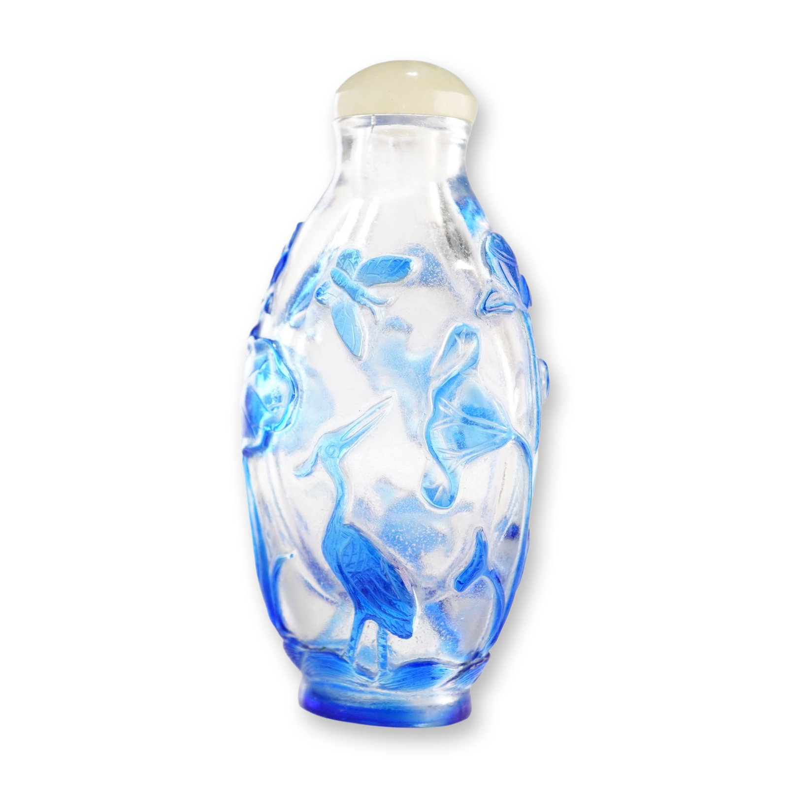 Peking Glass Snuff Bottle, Blue Overlay Lotus and Crane (1 of 4)