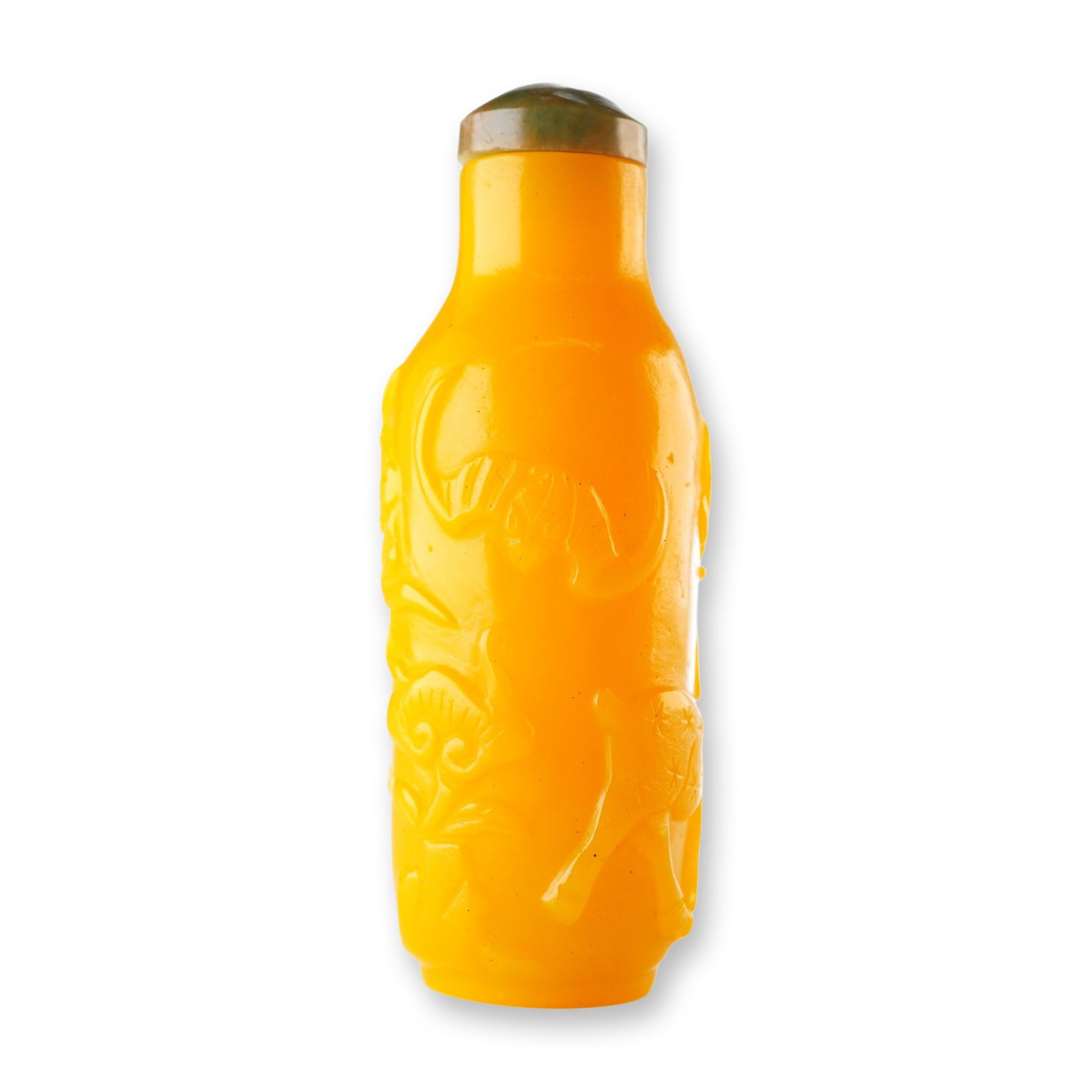 Peking Glass Snuff Bottle, Yellow with Scholar, Deer, Bat, and Lingzhi (1 of 3)