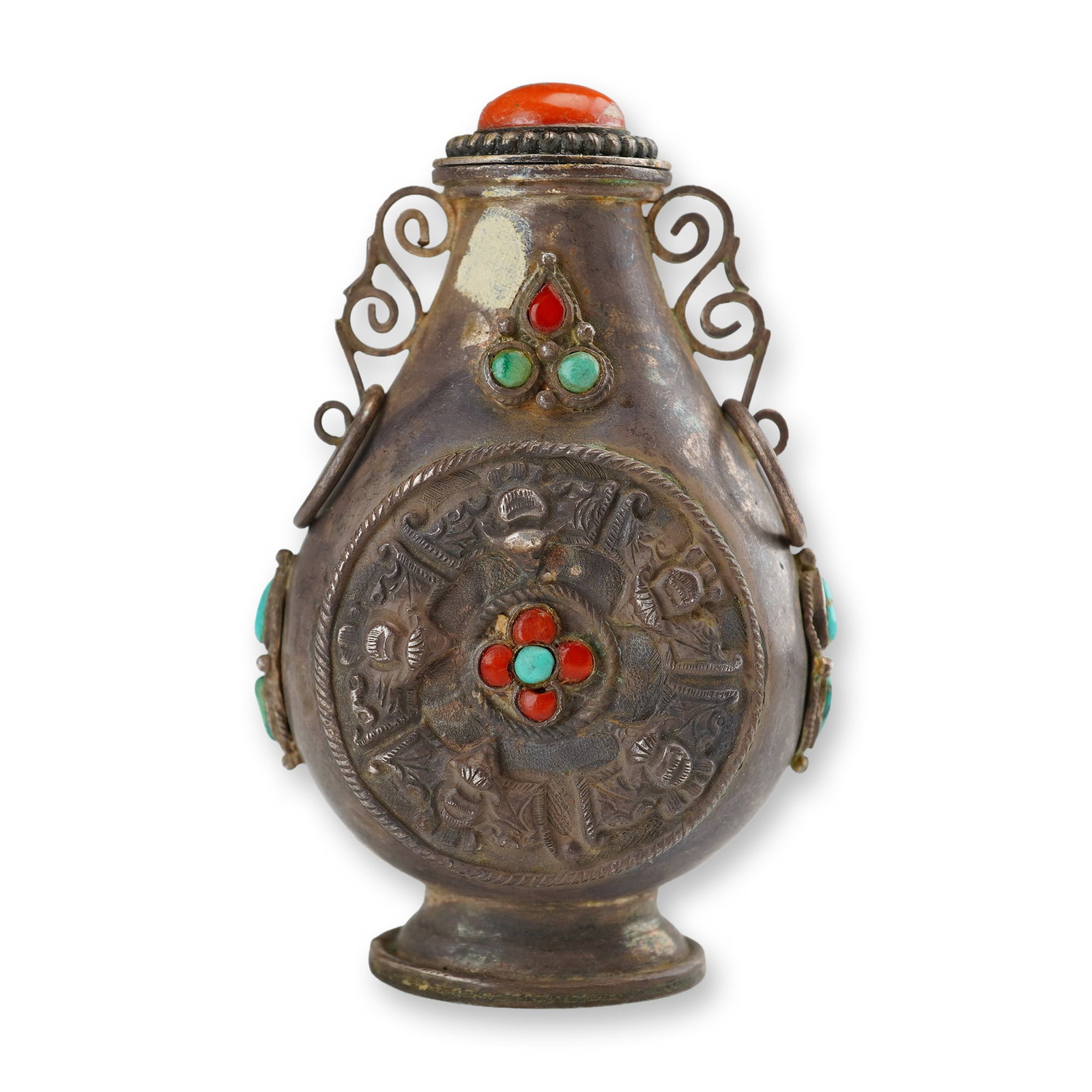 Mongolian Silver Repousse Snuff Bottle, Five Bats, Flower, Scrolling Form Handles (1 of 4)