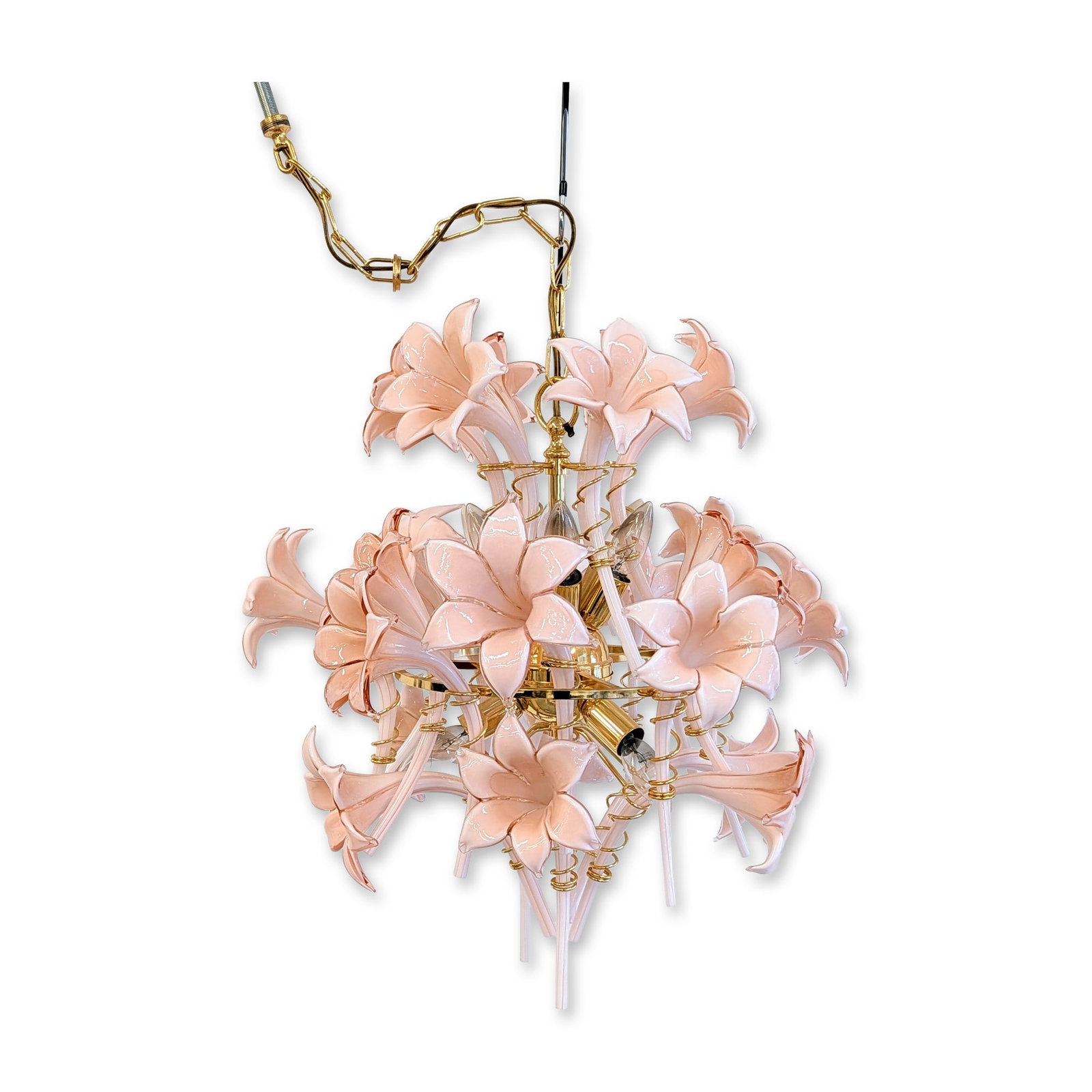 Attributed to Franco Luce, Italian Murano Pink Glass Lily Chandelier: Italian Murano chandelier, attributed to Franco Luce, featuring hand-blown glass lily-form shades. The twenty-four shades are crafted in a translucent pale pink glass that transitions to a milky white