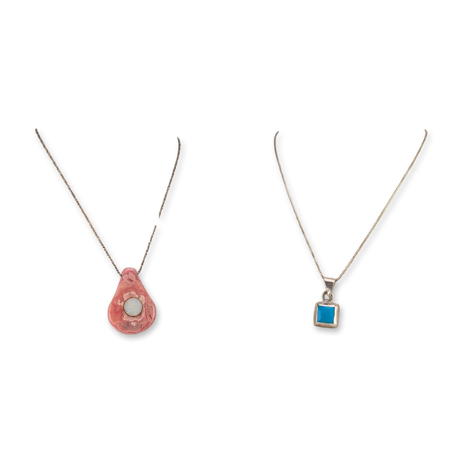 2pc Sterling Silver Gemstone Pendant Necklaces: Two sterling silver pendant necklaces featuring natural gemstones. The first piece consists of a large, teardrop-shaped rhodochrosite cabochon with pink and cream banding, inset with a small circular 