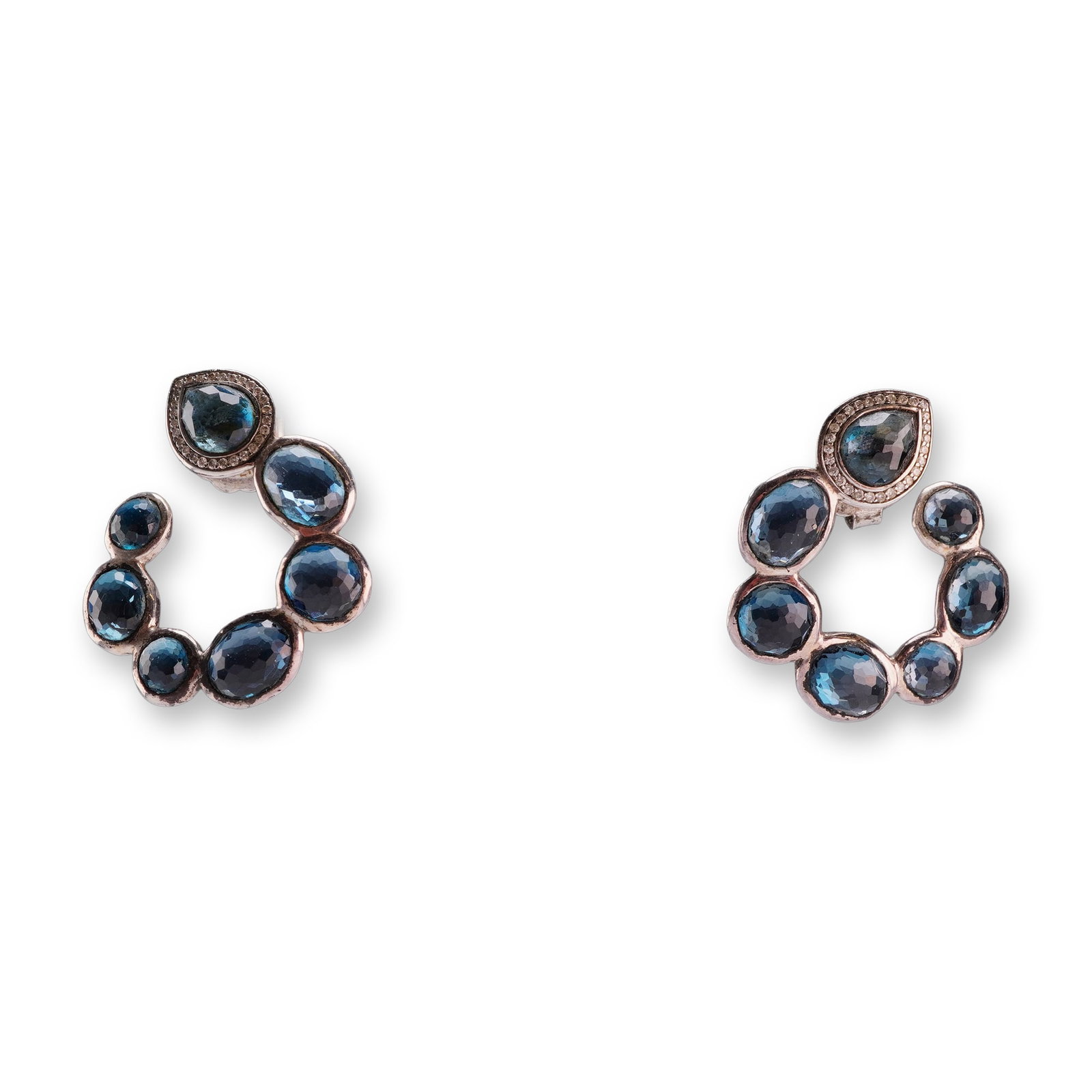 Ippolita Rock Candy Sterling Silver Blue Topaz and Diamond C-Shape Hoop Earrings: A matched pair of C-shaped hoop earrings for pierced ears from the Rock Candy collection by designer Ippolita. The earrings are crafted from sterling silver and have been tested with a Thermo
