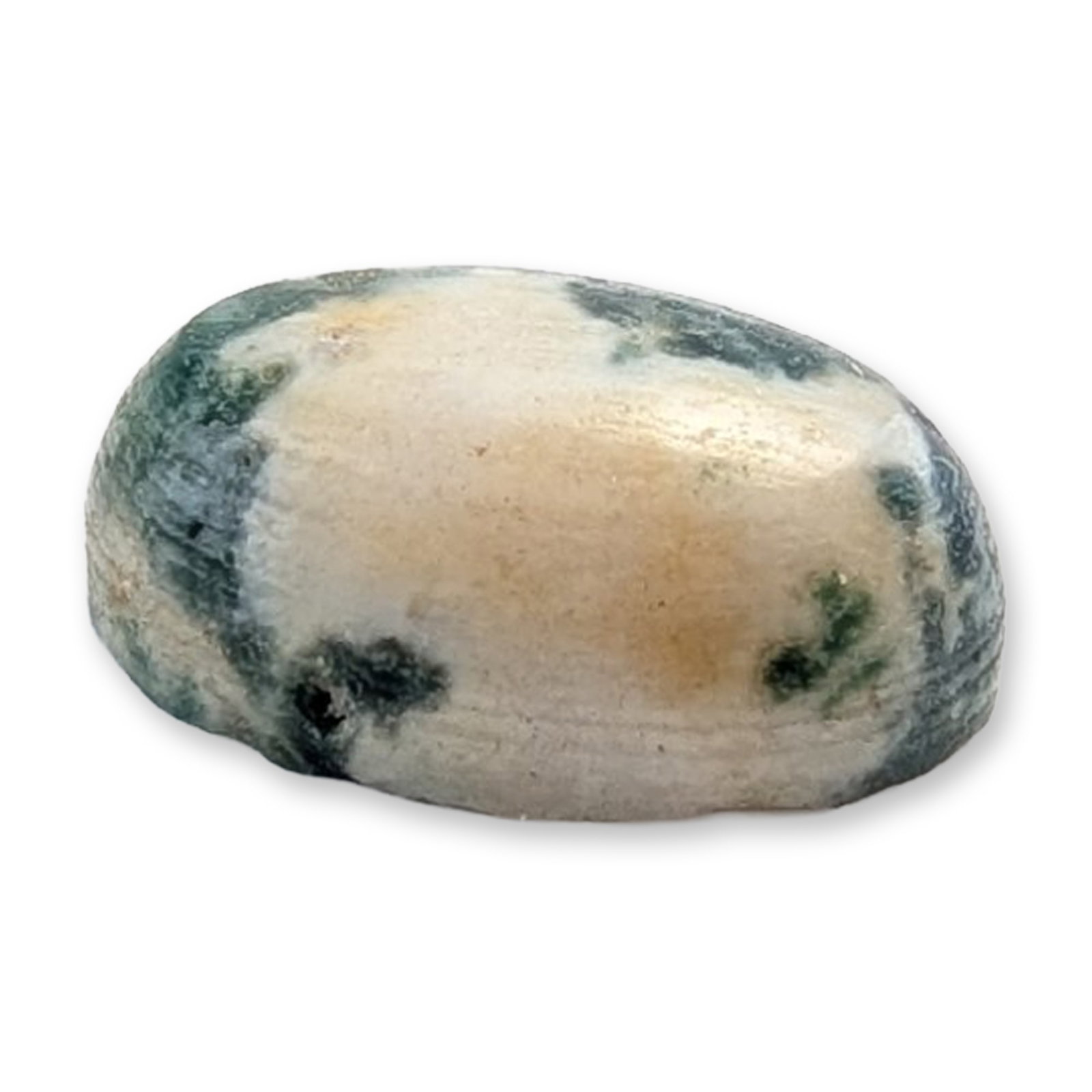 Oval Tree Agate Cabochon Gemstone: Single oval cabochon fashioned from material that appears to be tree agate. The stone features dark green dendritic inclusions against an opaque cream-white ground. It is cut with a polished domed