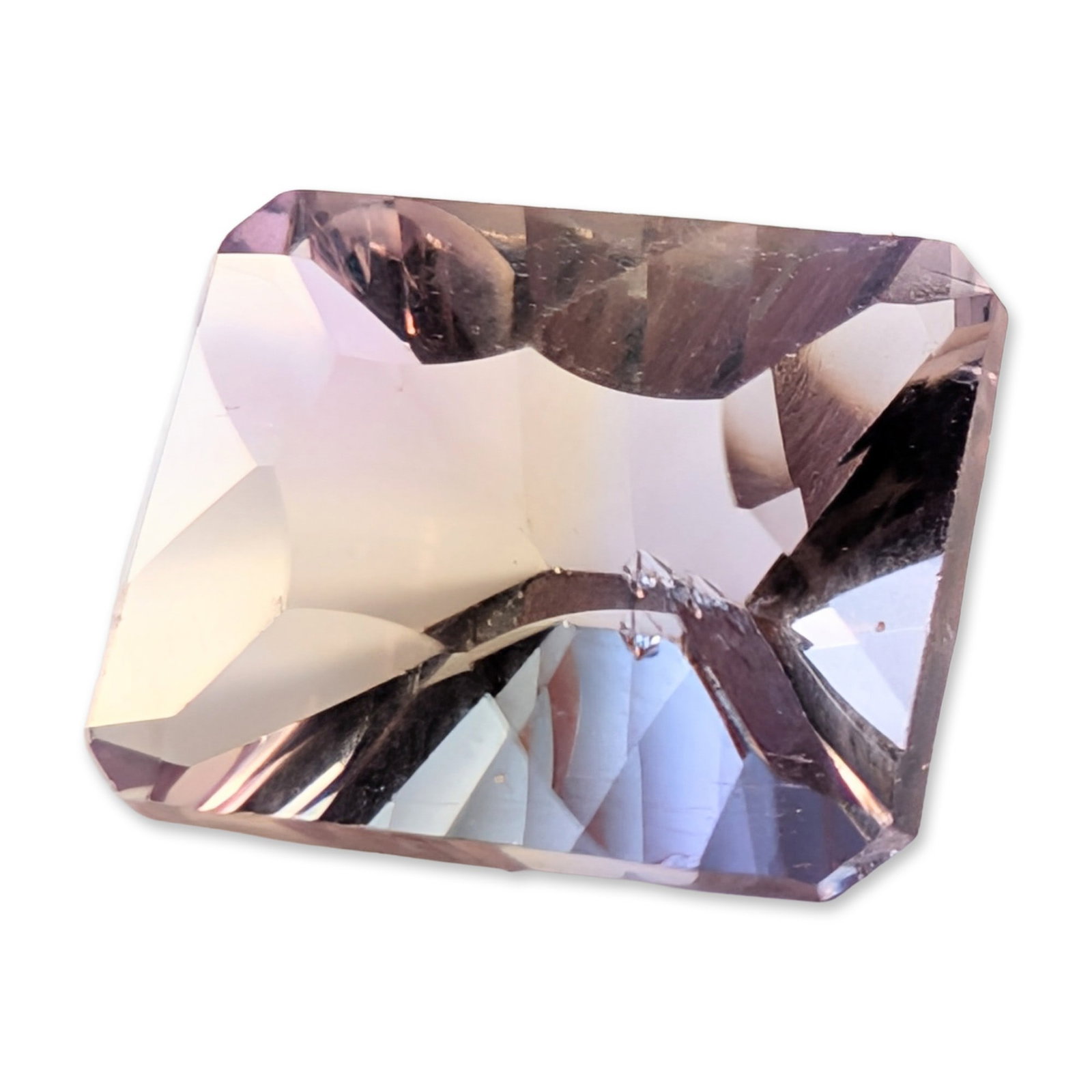 Bicolor Ametrine Rectangular Fancy Cut Gemstone: A loose faceted gemstone which appears to be ametrine, a bicolor variety of quartz. The stone displays distinct color zoning with transitions between pale violet and soft yellow hues. It is fashioned 
