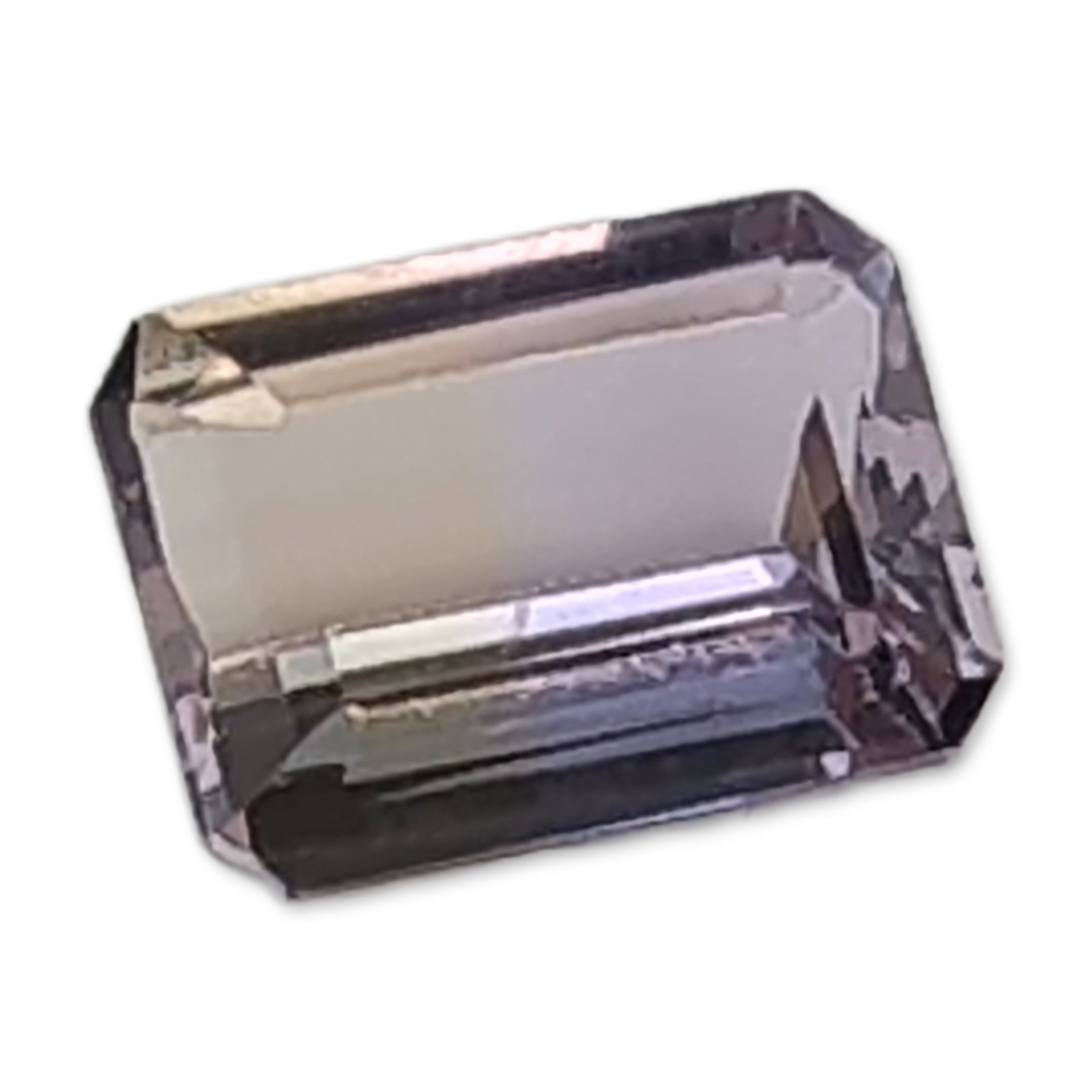 Emerald Cut Ametrine Loose Gemstone: Bicolor loose ametrine gemstone, featuring an octagon step-cut. The stone displays distinct color zoning transitioning from lavender to a pale yellow hue. The facet junctions are sharp and