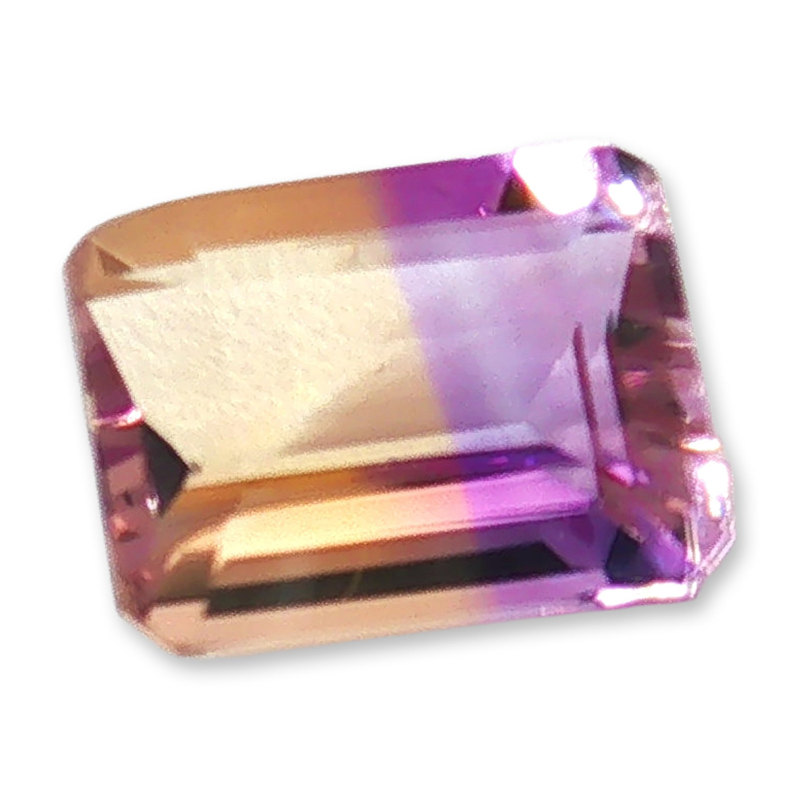 Rectangular Step Cut Bi-Color Ametrine Loose Gemstone: Loose gemstone appears to be natural bi-color ametrine featuring a rectangular step cut. The stone showcases a distinct split of purple and golden-yellow hues with geometric facets highlighting the na