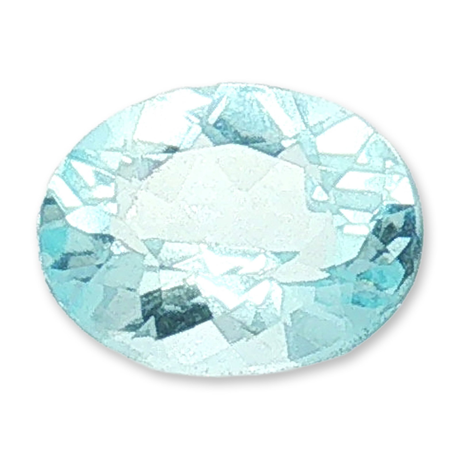 Oval Cut Loose Aquamarine Gemstone: Oval cut loose gemstone, appearing to be aquamarine. The stone is faceted in a standard oval brilliant pattern and exhibits a pale, transparent light blue hue. Weight: approximately 2.4