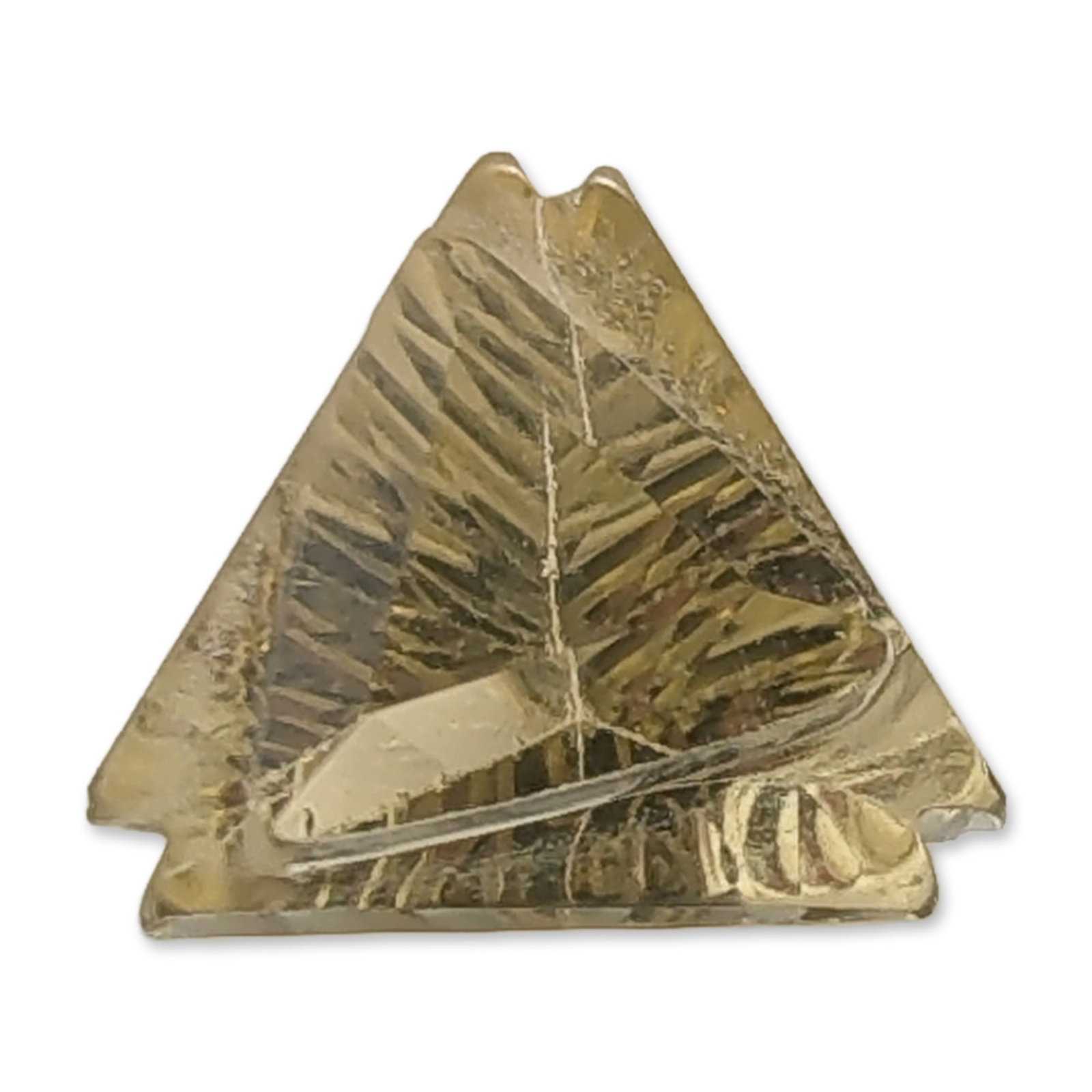 Loose Fancy Trilliant Cut Citrine Gemstone: Loose gemstone appearing to be citrine, featuring a pale yellow to golden-yellow color. The stone is shaped into a fancy trilliant-style cut with a flat table on the crown and complex, sculptural