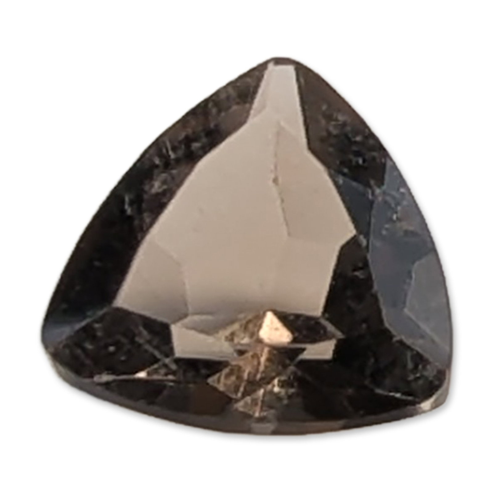 Loose Trillion Cut Citrine Gemstone: A loose faceted citrine gemstone, featuring a triangular trillion cut with transparent smoky brown to brownish-grey color saturation. 6 mm x 6 mm0.5 carats. Dimensions: 6mm
