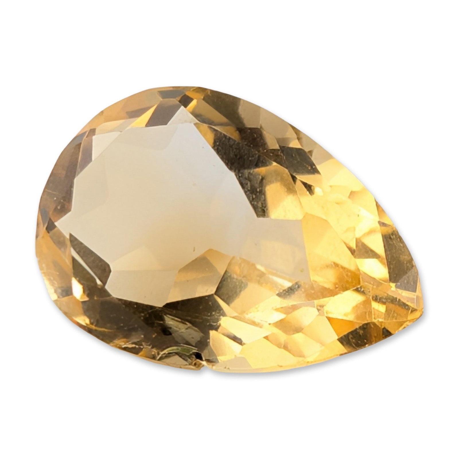 Pear Faceted Yellow Citrine Gemstone: Loose pear-shaped faceted citrine gemstone, featuring a light honey-yellow hue with golden tones. The stone exhibits a standard faceted teardrop cut with a pointed tip and rounded base. Internal chara