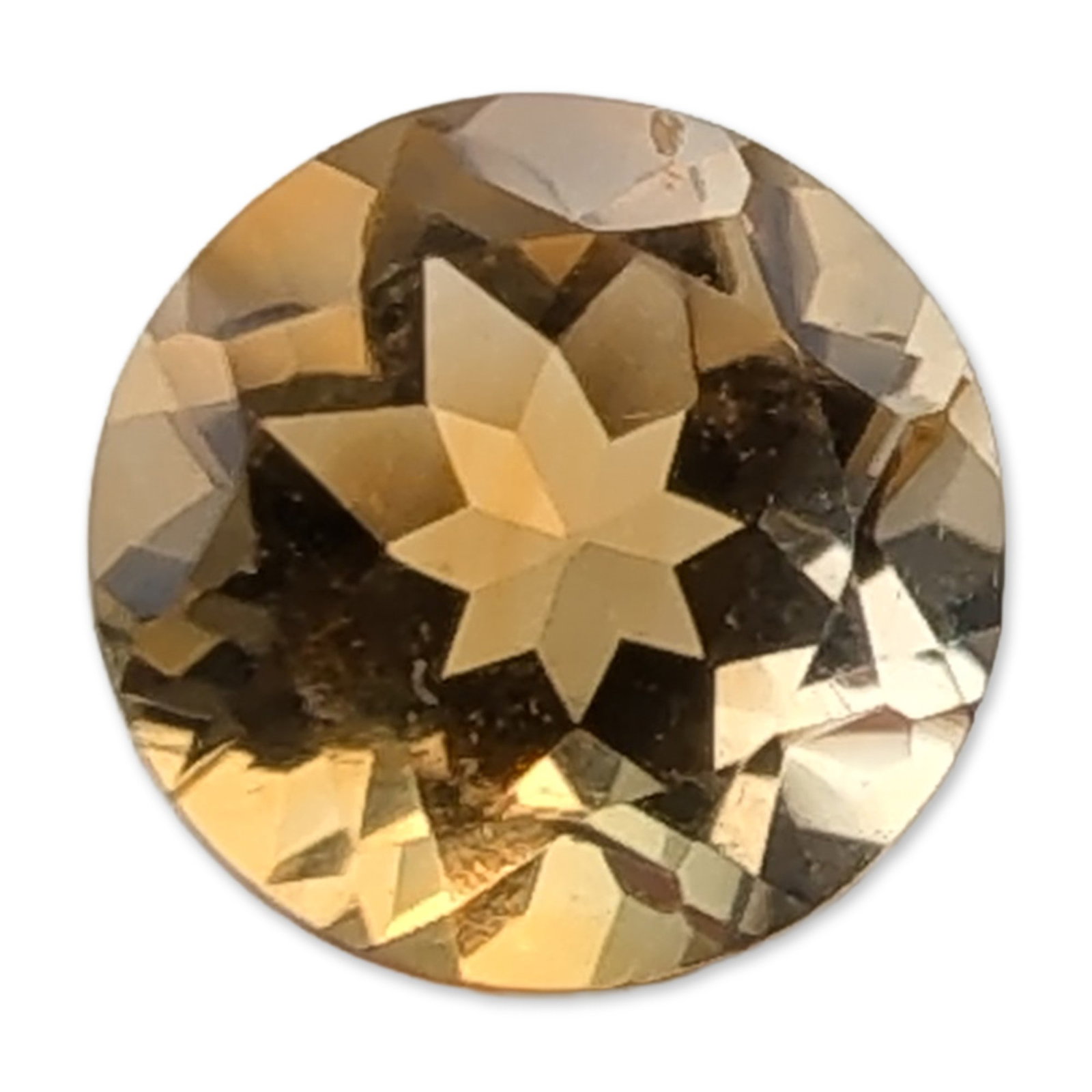 Round Star-Faceted Citrine Gemstone: Loose round faceted citirne gemstone, featuring a vibrant honey-amber to golden-yellow color. The stone exhibits a precision-style cut characterized by a six-pointed star pattern visible through the t