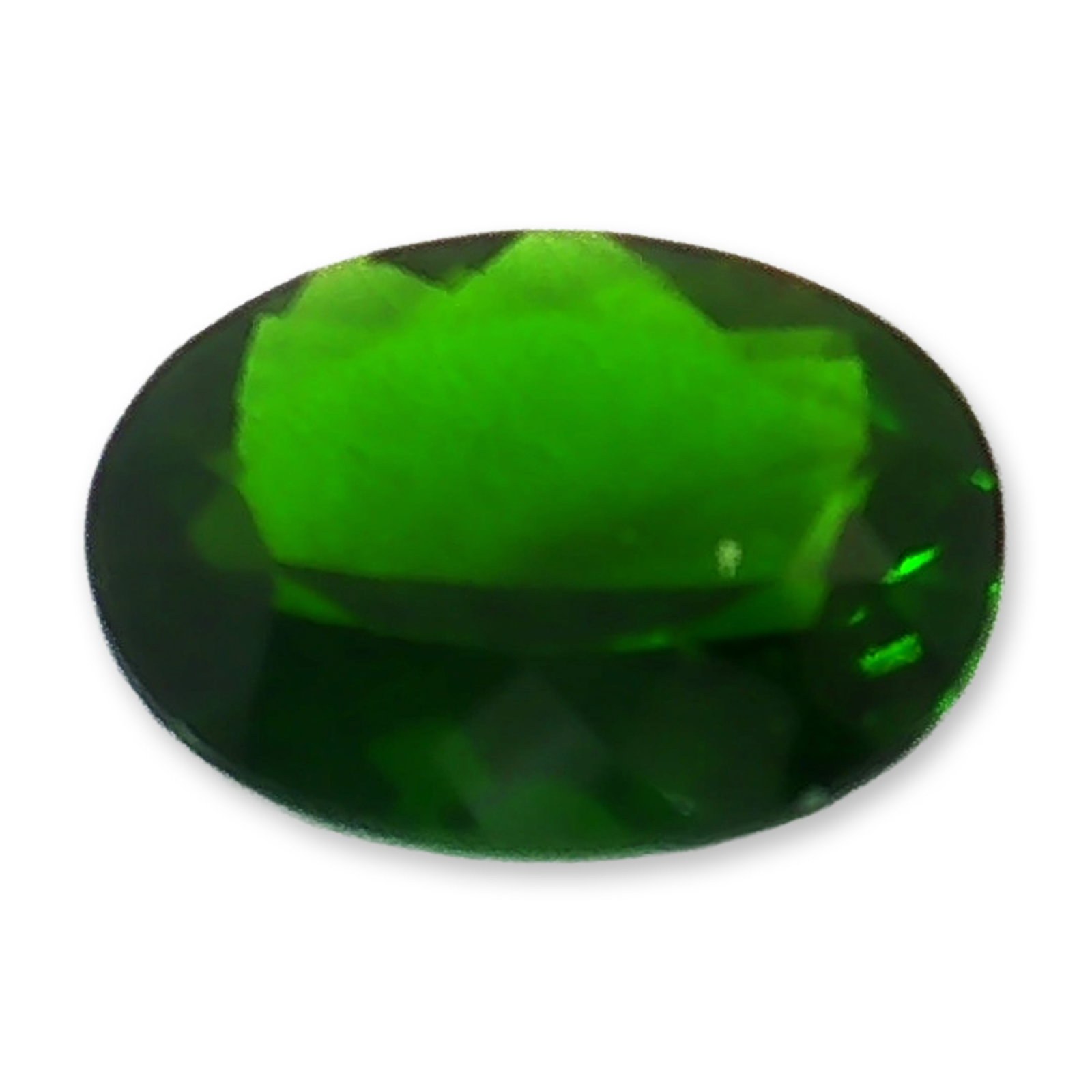 Natural Chrome Diopside Oval Gemstone: Natural chrome diopside loose gemstone, showcasing a rich green hue with deep saturation. The specimen is faceted into a classic oval cut with sharp facet junctions and appears eye-clean with no visib