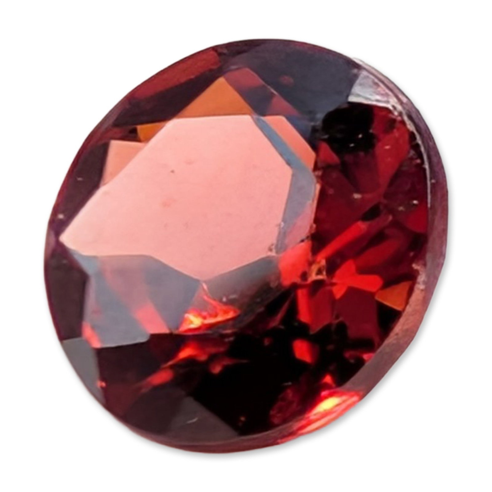 Round Brilliant Cut Red Garnet Gemstone: Loose round brilliant-cut gemstone that appears to be a variety of red garnet. Features a deep, saturated brownish-red hue with eye-clean clarity and no visible internal inclusions. The stone is finis