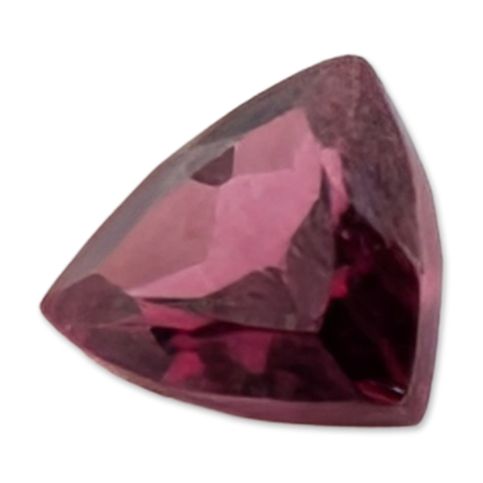 Trillion Cut Purplish Pink Faceted Loose Rhodolite Garnet Gemstone: Loose faceted rhodolite garnet gemstone, trillion cut, in a saturated purplish-pink hue. The gemstone features a triangular trillion cut with visible internal inclusions. 0.3 ct4 x 4.2 mm. Dimensions: