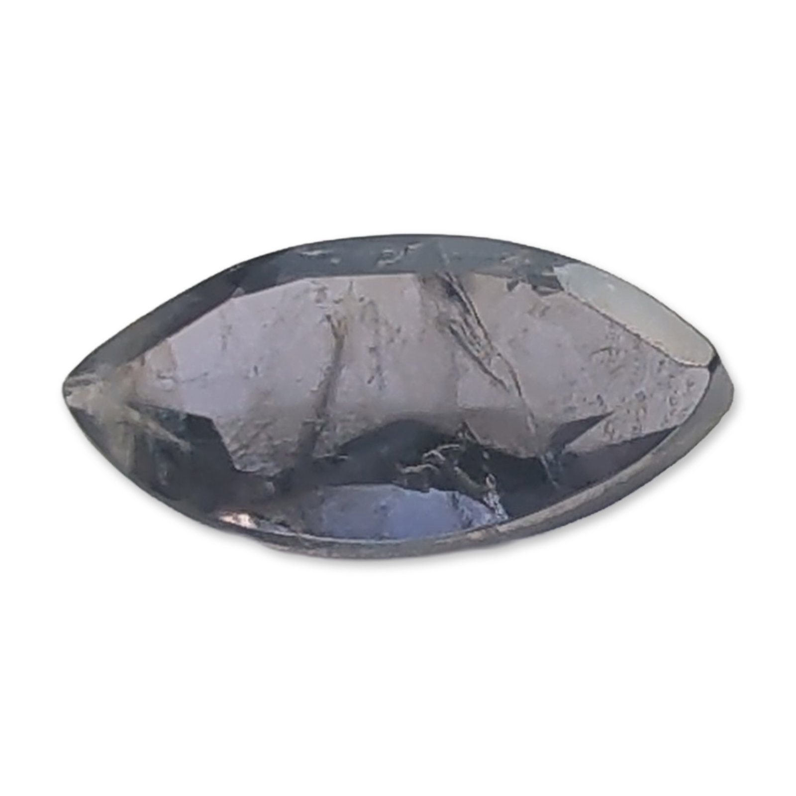 Marquise Cut Gray Salt and Pepper Iolite Gemstone: Loose marquise-cut iolite gemstone. The stone displays a charcoal gray color with subtle blue and violet undertones. Visible internal characteristics include numerous fractures, carbon spots, and