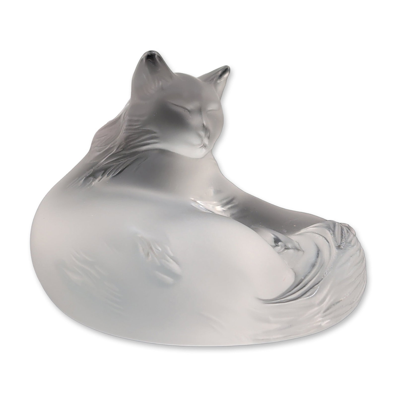 Lalique France Happy Frosted Lead Crystal Curled Sleeping Cat Figurine: This lead crystal figurine titled Happy by Lalique depicts a sleeping cat modeled in a curled, recumbent pose with its head tucked toward the chest and tail wrapped around the body. The artistic felin