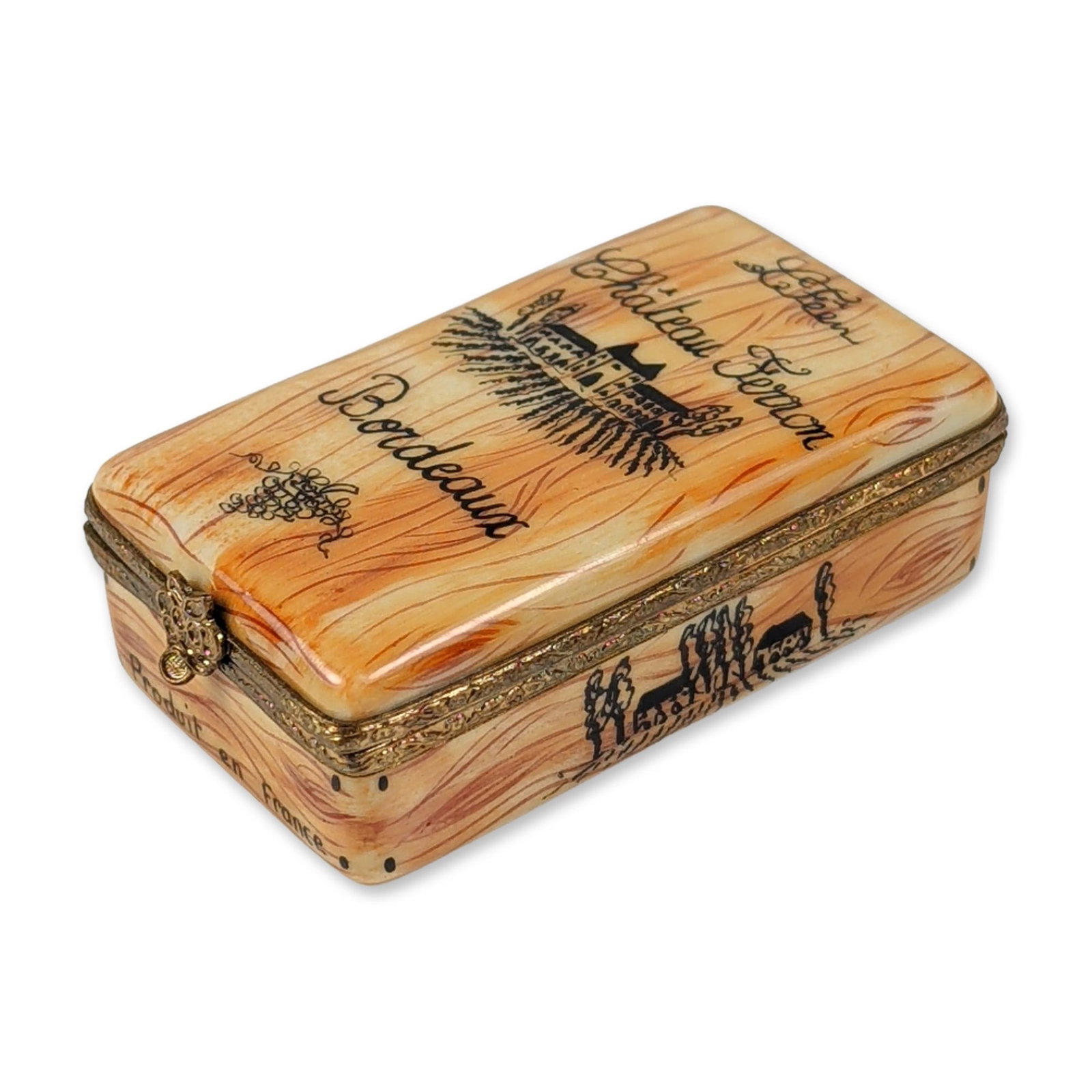 Limoges France Porcelain Wine Trinket Box: Limoges, France. Porcelain trinket box in a rectangular case form, featuring a hand-painted marbled tan and cream finish. The lid is decorated with a vineyard and chateau scene inscribed Le Feen, Chat