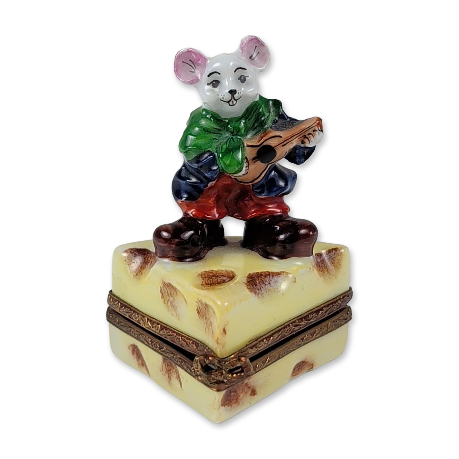 Sinclair Limoges Porcelain Mouse Cheese Trinket Box: French hand-painted porcelain trinket box by Sinclair, dated 1999. The box is modeled as a wedge of Swiss cheese in pale yellow with dark brown indentations, topped with a white mouse figurine. The mo