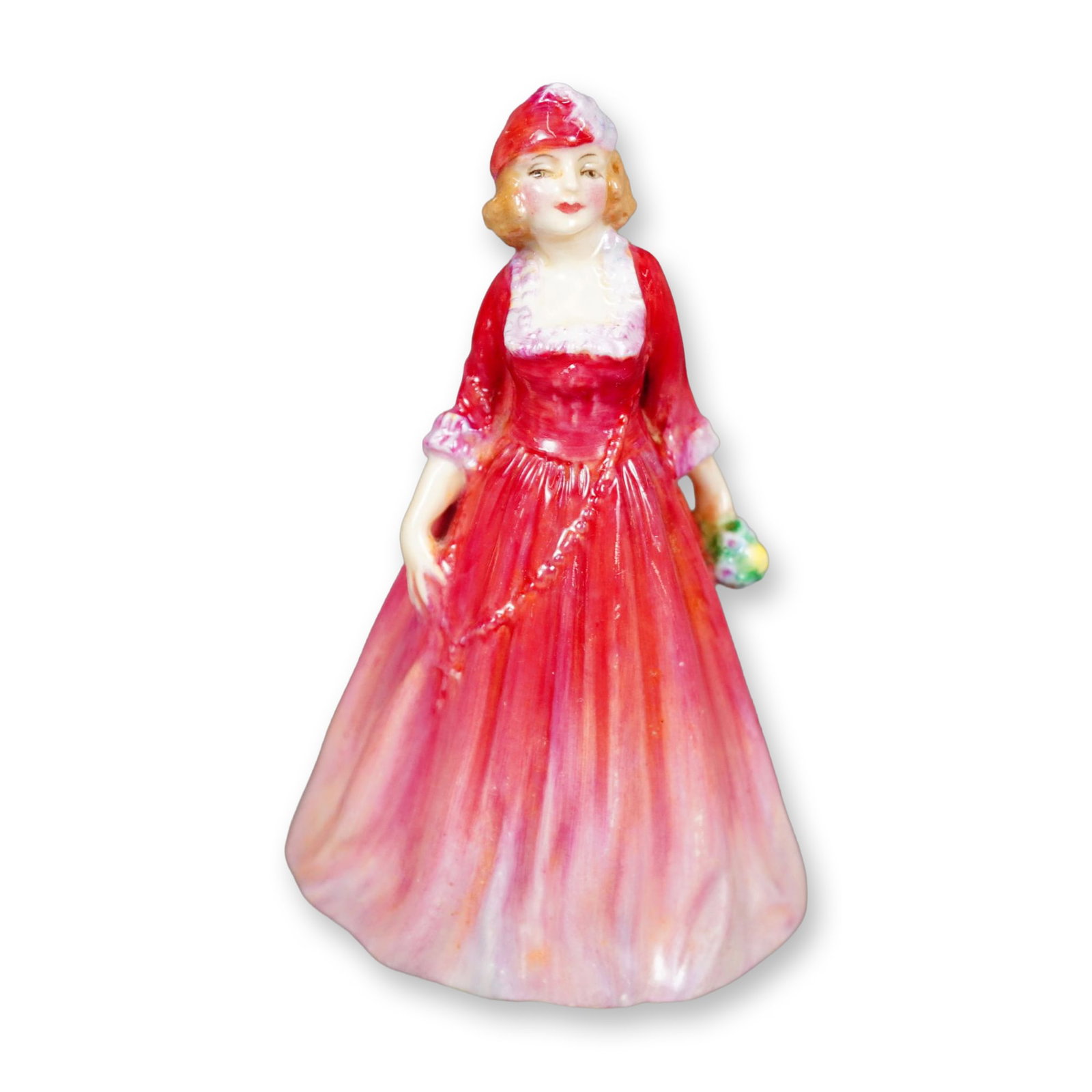 Royal Doulton Bone China Figurine, Rosamund M33: Hand painted figure of a woman in a long pink gown. She is shown holding a bouquet of flowers. Royal Doulton backstamp. Dimensions: 2.75"L x 2.5"W x 4.25"H Manufacturer or Brand: Royal Doulton Country