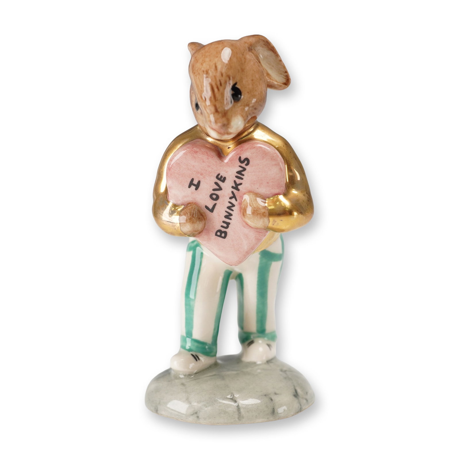 Royal Doulton Bunnykins Gold Colorway Figurine, Sweetheart DB174: Limited edition hand-made and hand-decorated porcelain figure produced exclusively for UK International Ceramics Ltd in an exclusive gold colorway. The figure depicts a Bunnykins character in a gold-c