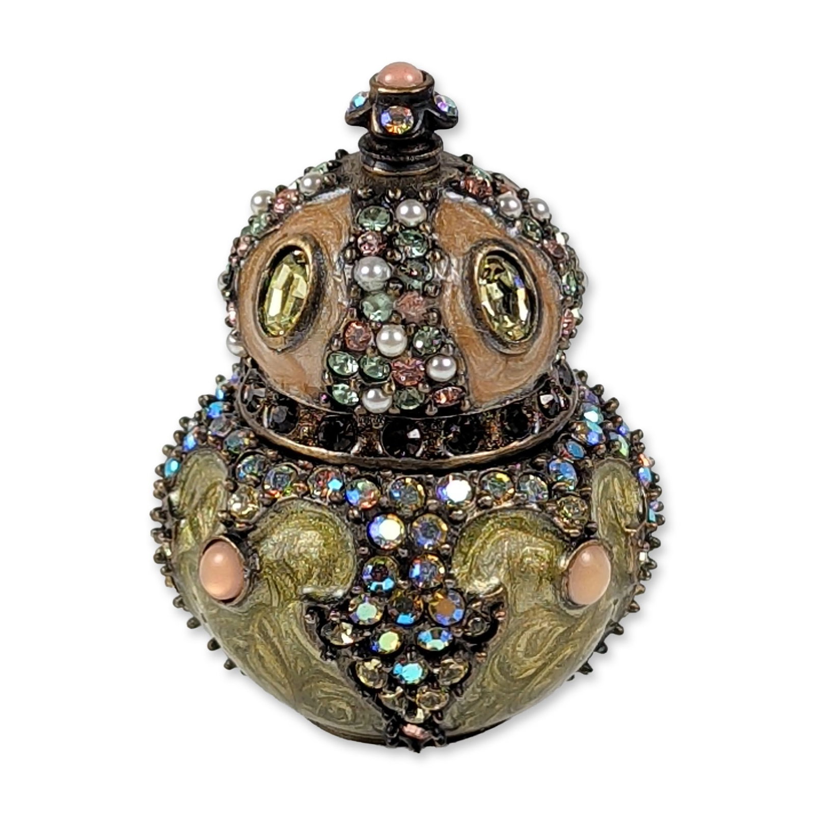 Jay Strongwater Enamel and Crystal Trinket Box: Jay Strongwater miniature trinket box featuring hand-painted marbled green and yellow enamel over a dark bronze-toned metal base. The two-part hinged construction includes a head-form lid and body-for