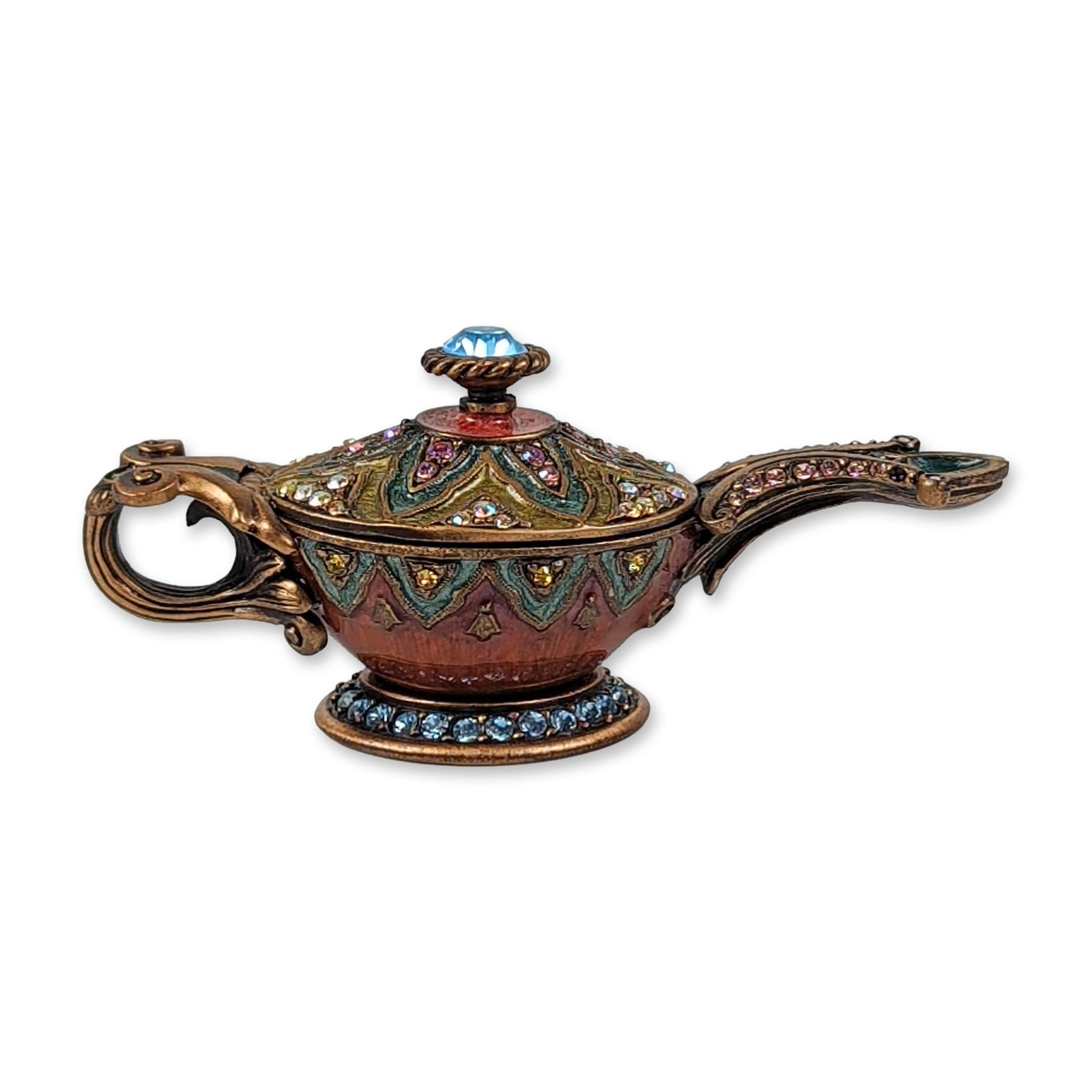 Jay Strongwater Enameled Metal Genie Lamp Trinket Box: Jay Strongwater genie-lamp-form hinged trinket box in bronze-finished metal, featuring hand-applied multi-colored enamel and hand-set crystals. The exterior is decorated with geometric patterns in dar