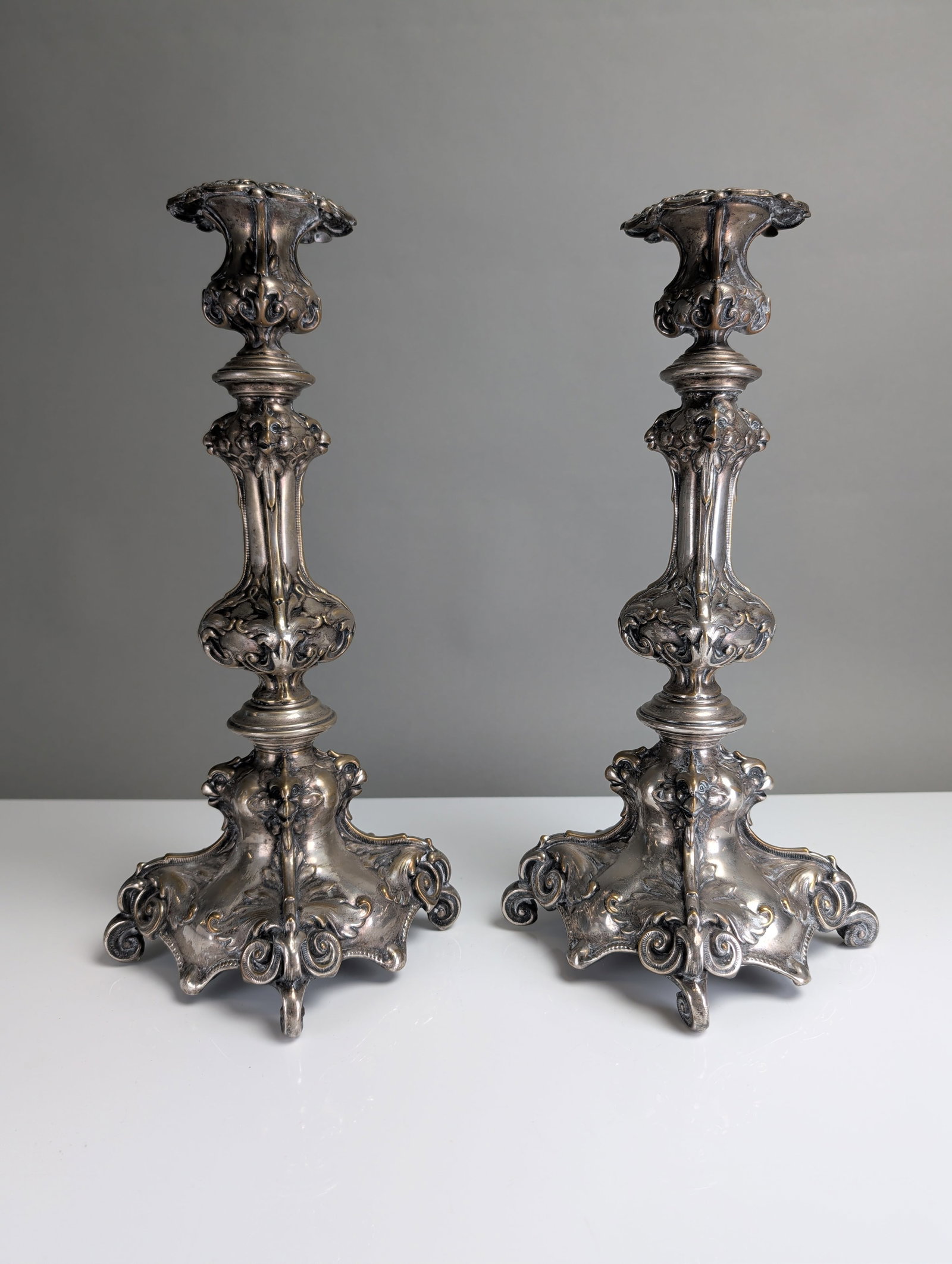2pc Rococo Revival Silver-Toned Candlesticks - 2