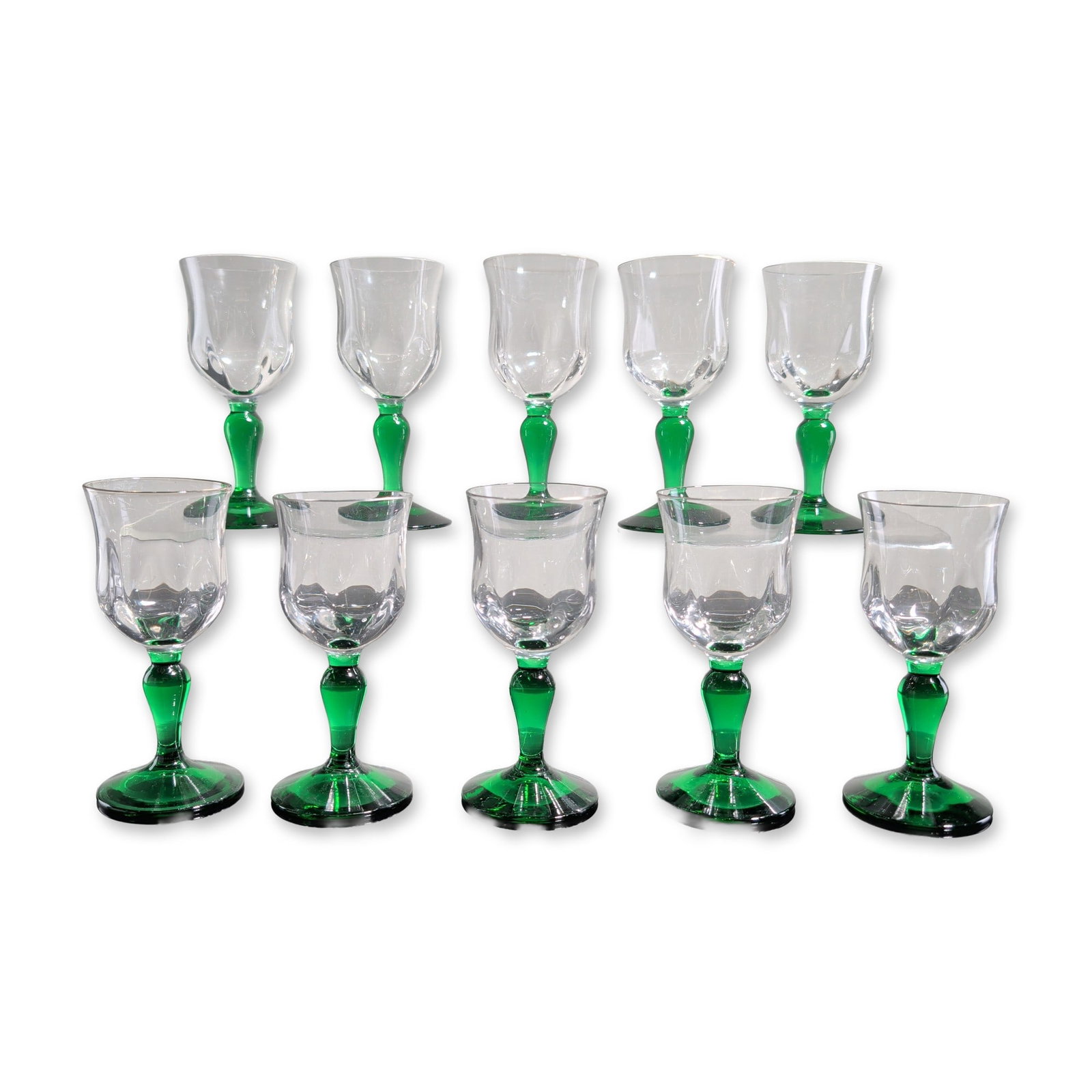 10pc Panel Cut Cordial Glasses with Green Stems: Set of ten liqueur or cordial glasses featuring clear bell-shaped bowls with vertical panel-cut facets. Each glass is constructed with a vibrant emerald green baluster-form stem and an integrated circ