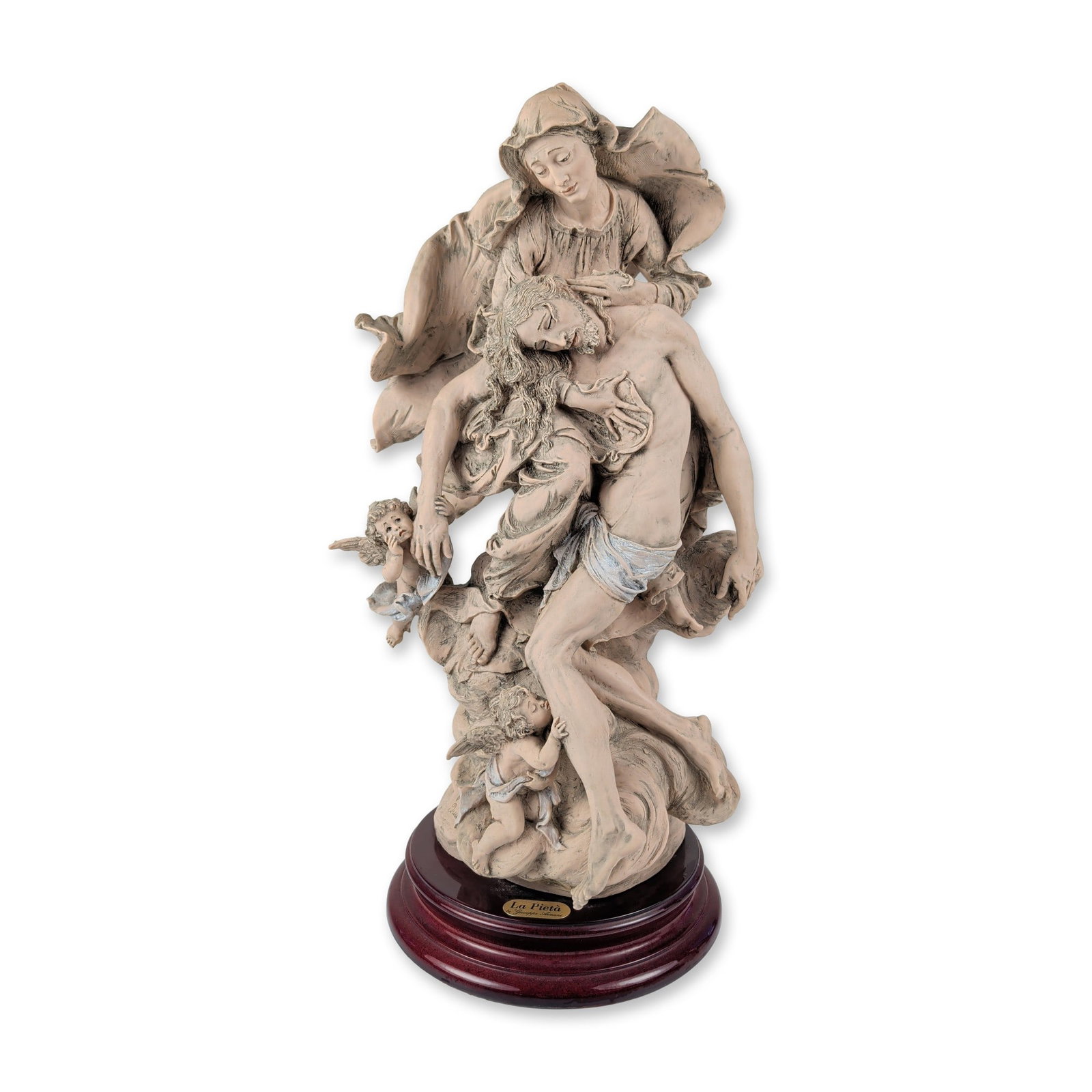 Florence Sculture d'Arte by Giuseppe Armani Terracotta Finish Sculpture, La Pieta 1015-T: Features a stylized rendition of the Virgin Mary cradling Jesus Christ. The primary figure group is elevated dramatically above a stylized cluster of cherubs and swirling drapery finished in a matte t
