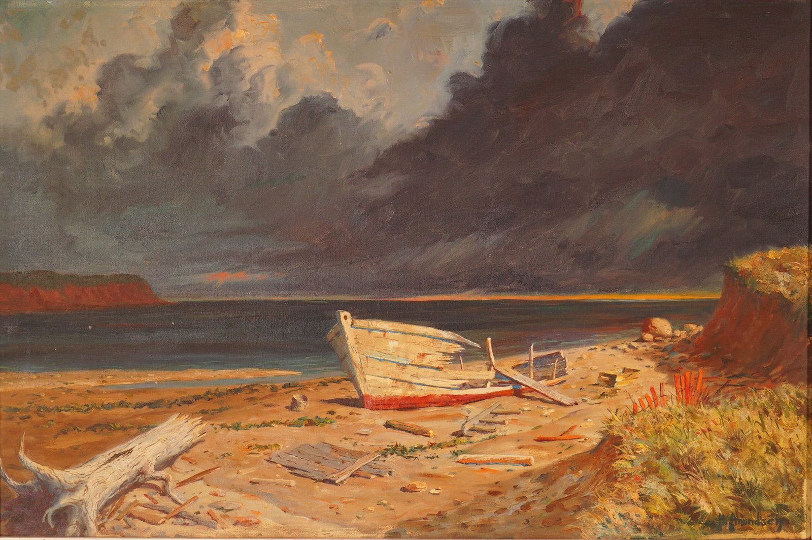 Casper Hjalmar Amundsen (American 1911-2001) Oil on Canvas, Signed: A captivating oil on canvas painting seascape by Caspar (Cappy) Hjalmar Amundsen, depicting a weathered fishing boat stranded along a rugged shoreline beneath a brooding sky. The artist's dramatic bru