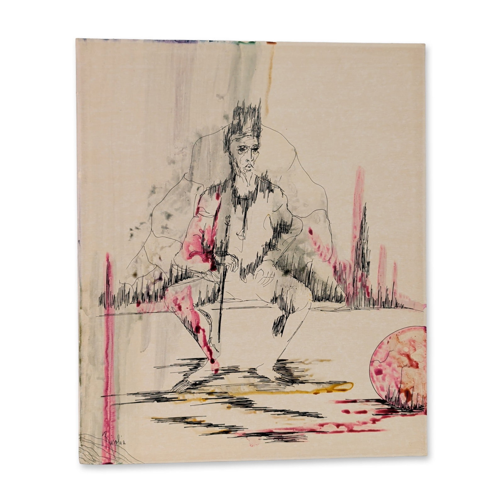 Sonia Risolia (American 1926-2002) Mixed Media on Paper Board, Signed: Sonia Risolia mixed media on paper board depicting a semi-abstract seated figure. The work features expressive black ink linework combined with fluid watercolor washes in magenta and muted grey-green 