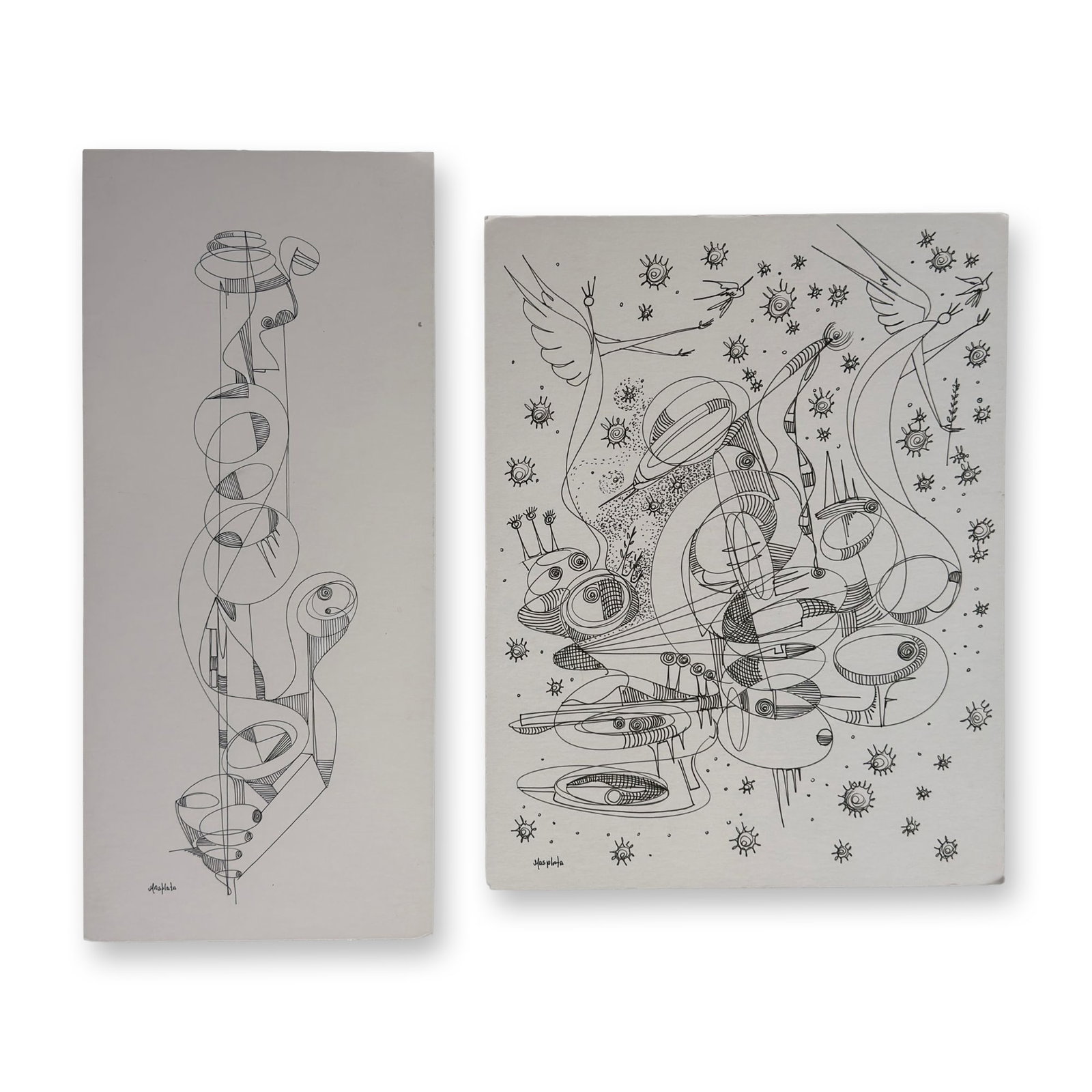 2pc Alfonso Rendon aka Masplata (Panamanian, 1957 - 2025), Pen Sketch on Board, Angels & Forms: Masplata creates sketches to draw viewers time and attention to slowly digest each hand drawn line and paint stroke, consisting of his Angels with multiple doves and Forms expressions within fixated r