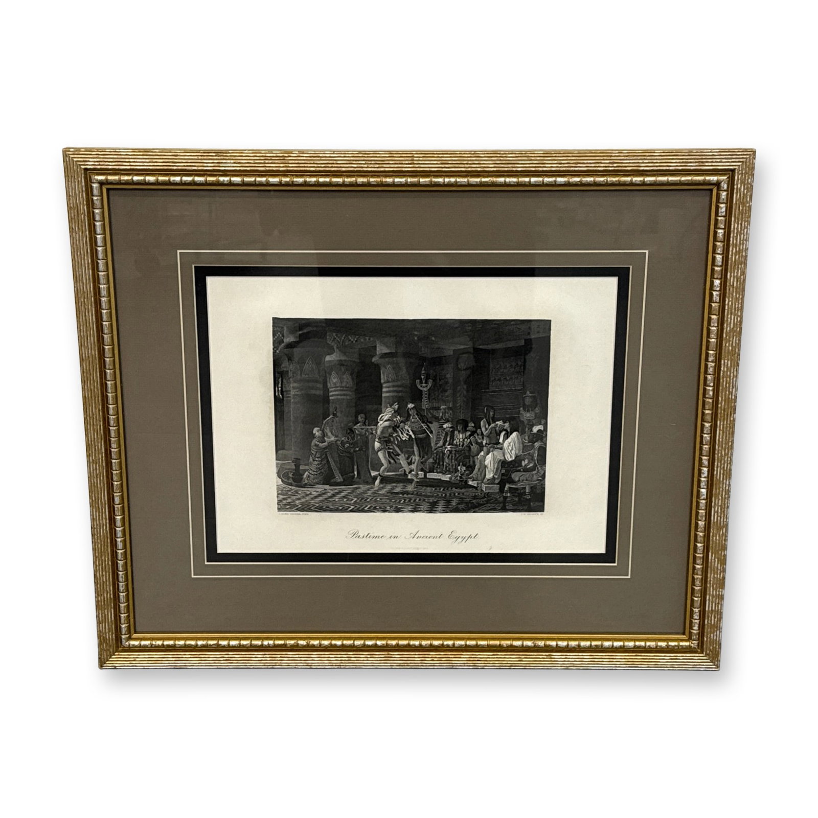 After Lawrence Alma-Tadema (British, 1836-1912), Engraving on Paper, Pastime in Ancient Egypt: A late 19th-century engraving on paper after Sir Lawrence Alma-Tadema, titled Pastime in Ancient Egypt. The scene depicts a domestic Egyptian interior featuring figures in traditional costume, includi