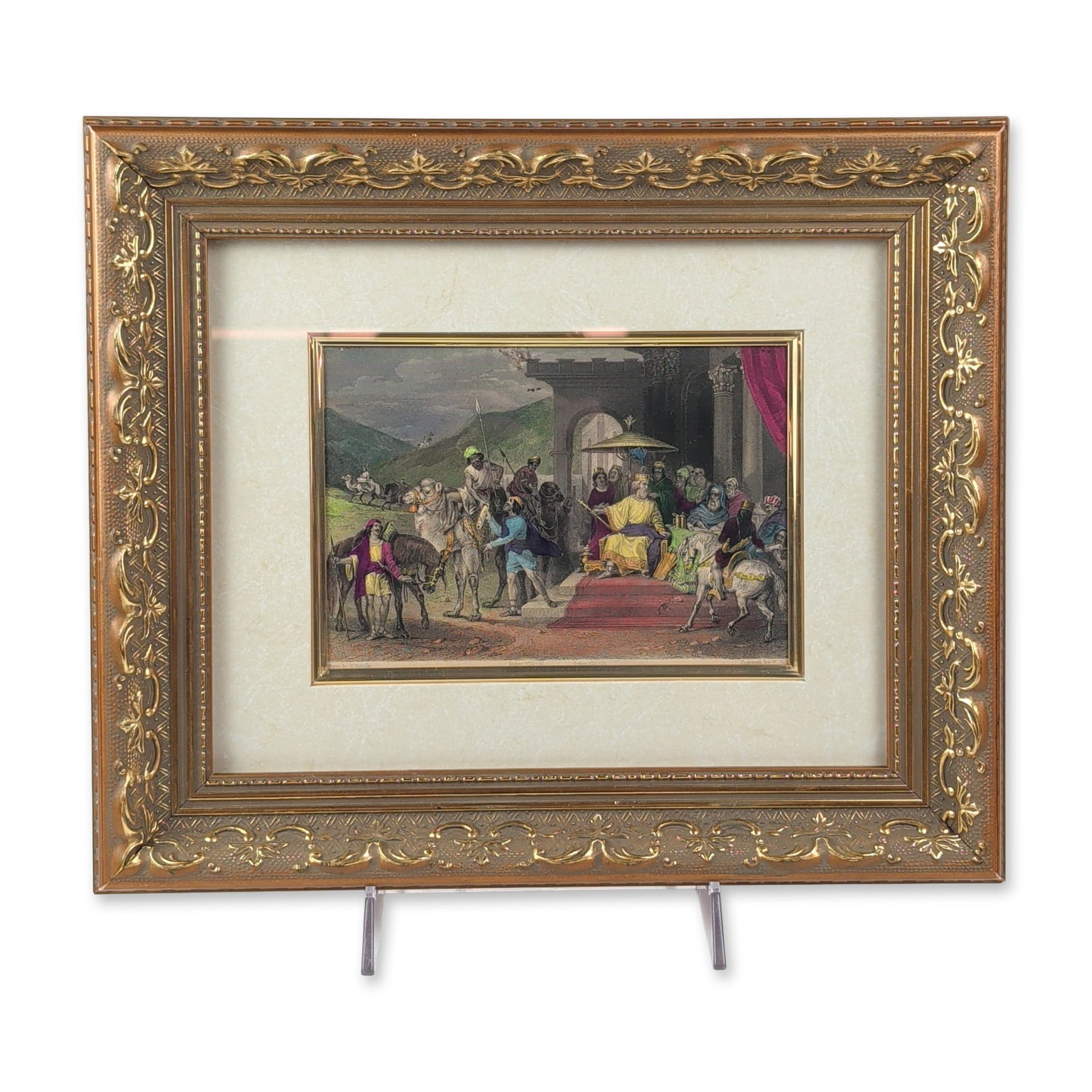 Henry Melville, Esther VIII-10 Hand-Colored Engraving: Mid-19th century hand-colored steel engraving on paper depicting the biblical scene from Esther 8:10 with messengers on horseback and camels. The print features intaglio line work with distinct plate 