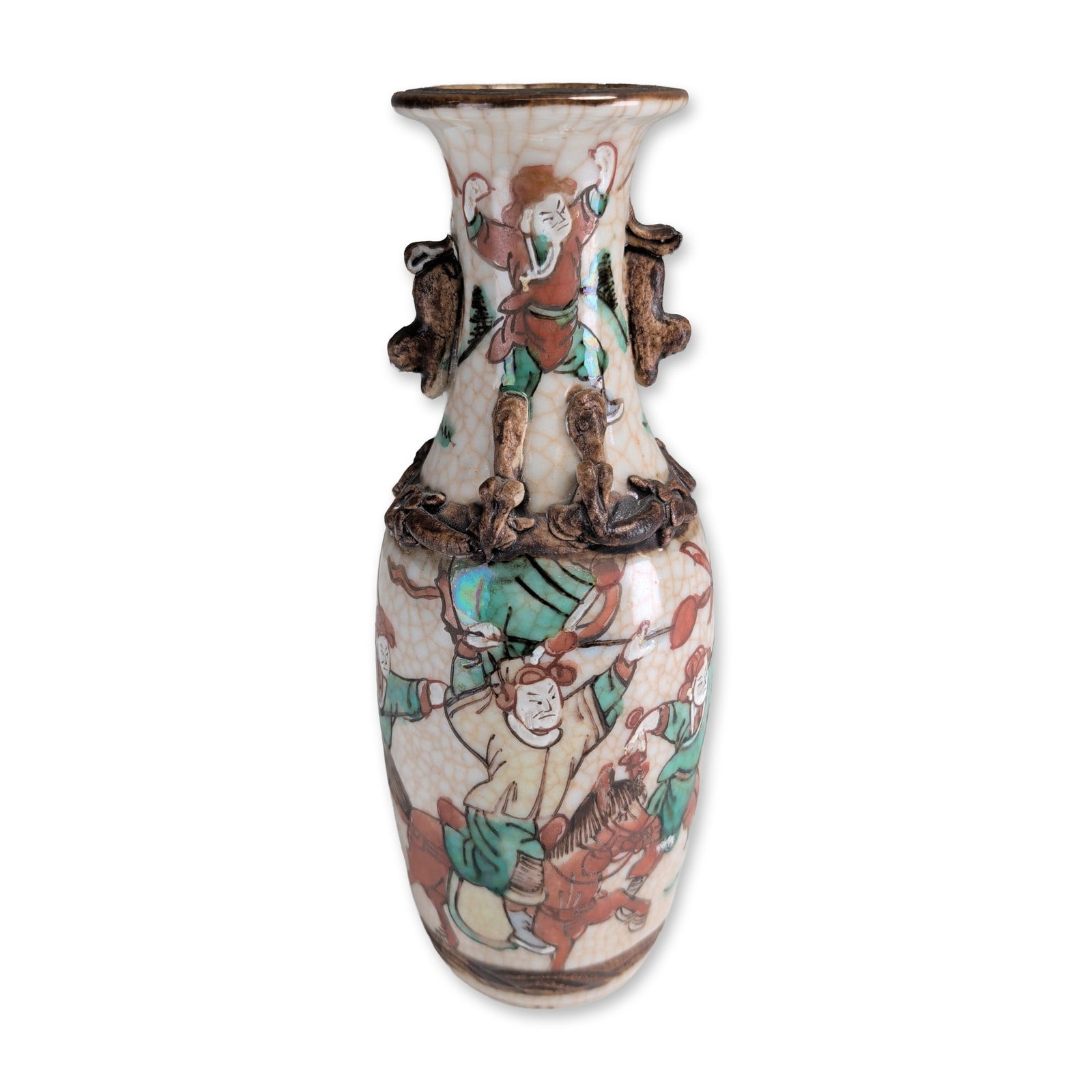Nanjing Style Chinese Porcelain Warrior Vase: Chinese porcelain vase in the Nanjing style, featuring a cream crackle glaze. The body is decorated with hand-painted overglaze enamels in green, iron-red, yellow, and black, depicting warriors in mar