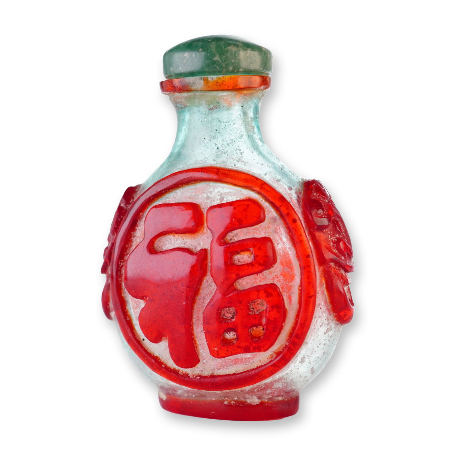 Peking Glass Overlay Snuff Bottle, Light Green with Red Character Panels: This Peking glass snuff bottle showcases a pale green snowflake pattern with red overlay high-relief panels featuring characters and lion mask handles with rings. It is finished with a snowflake patte