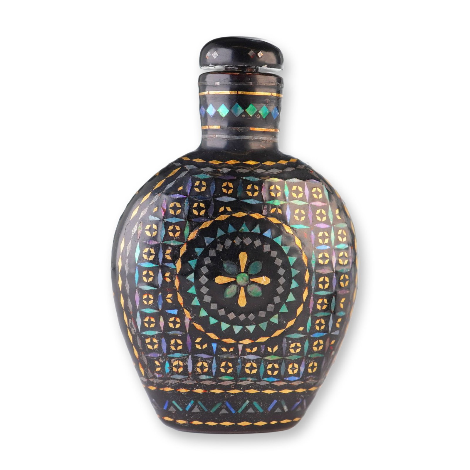Lac Burgaute Snuff Bottle, Ovoid Form, Geometric Design: A small ovoid form lacquered burgaute snuff bottle with gold-tone and iridescent inlay, creating a geometric pattern. It is presented with a stopper featuring a starburst design. A small leaf mark is 