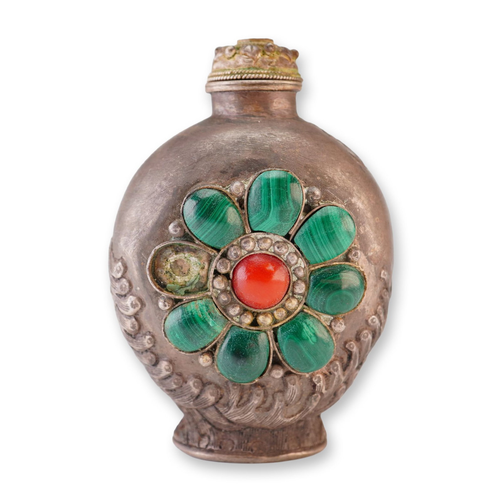 Mongolian Silver Repousse Snuff Bottle, Flower, Dragon Bird in Waves (1 of 4)