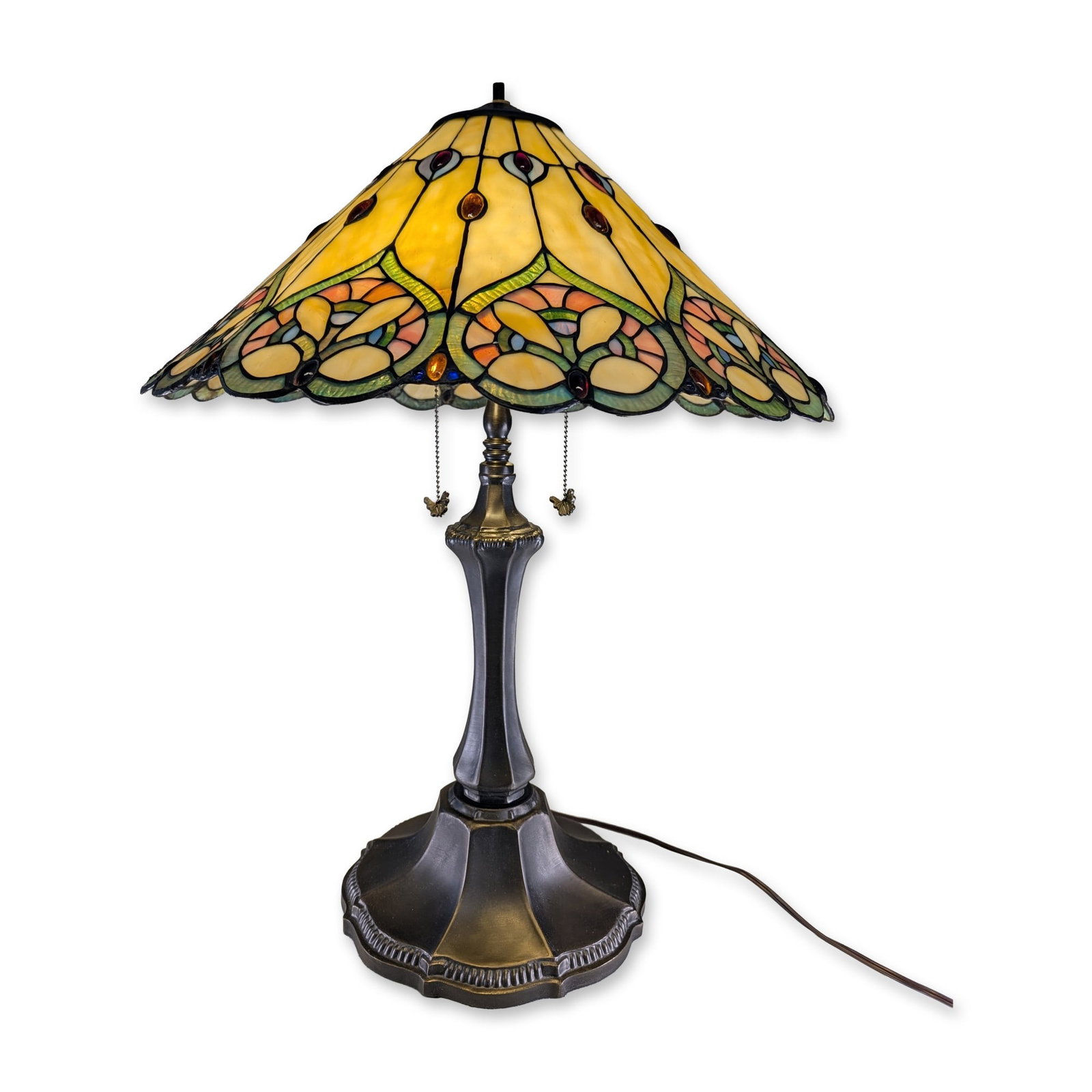 Colour Creations Tiffany-Style Stained Glass Table Lamp: Tiffany style table lamp by Colour Creations from the Timeless Serenity collection. The leaded glass shade features a mottled cream ground with a decorative floral border in pink, green, and blue, acc