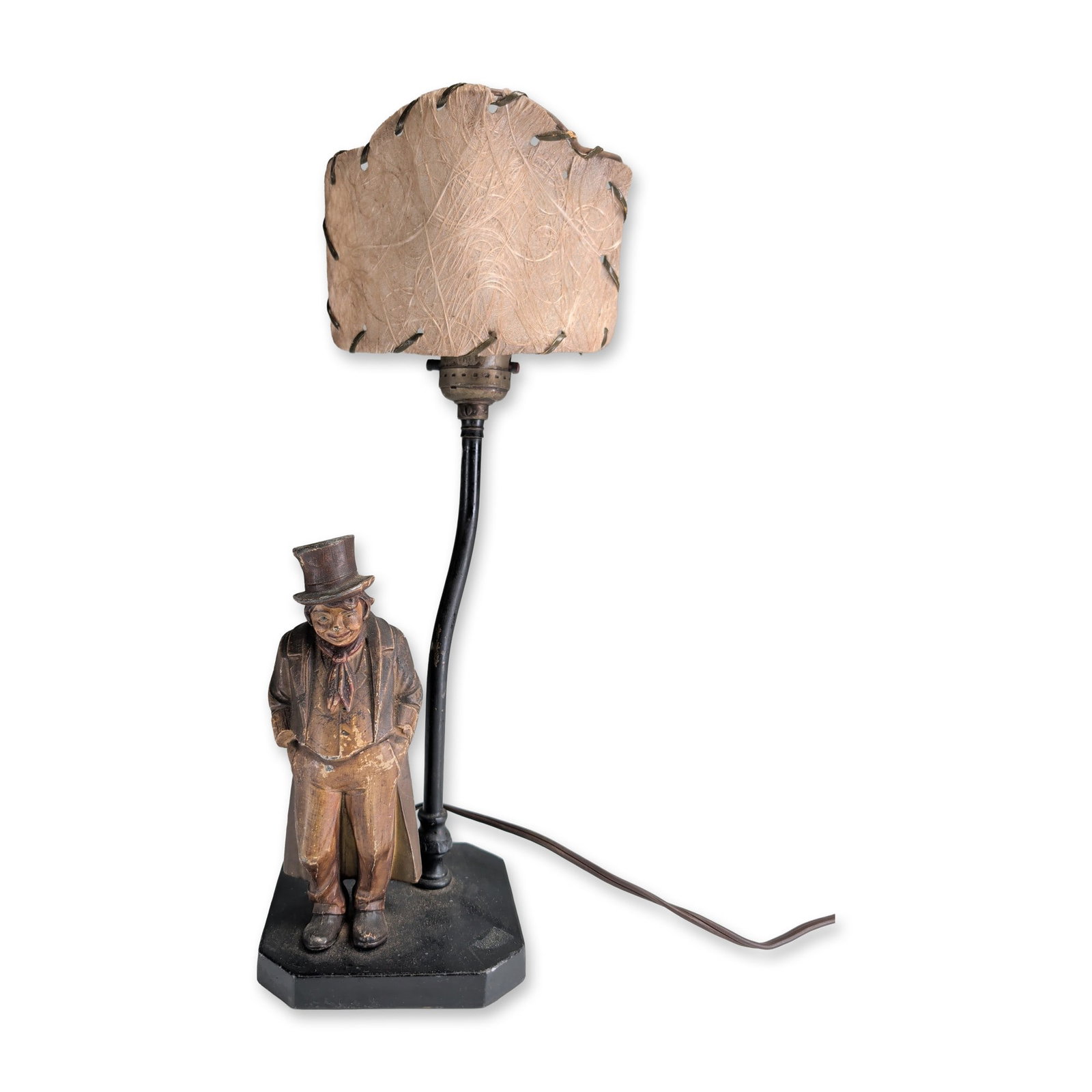 Continental Vintage Painted Spelter Character Table Lamp: Victorian-style table lamp featuring a cast spelter figure in a top hat and frock coat with hands in pockets. The figure stands on an octagonal black-painted metal base with a curved black stem suppor