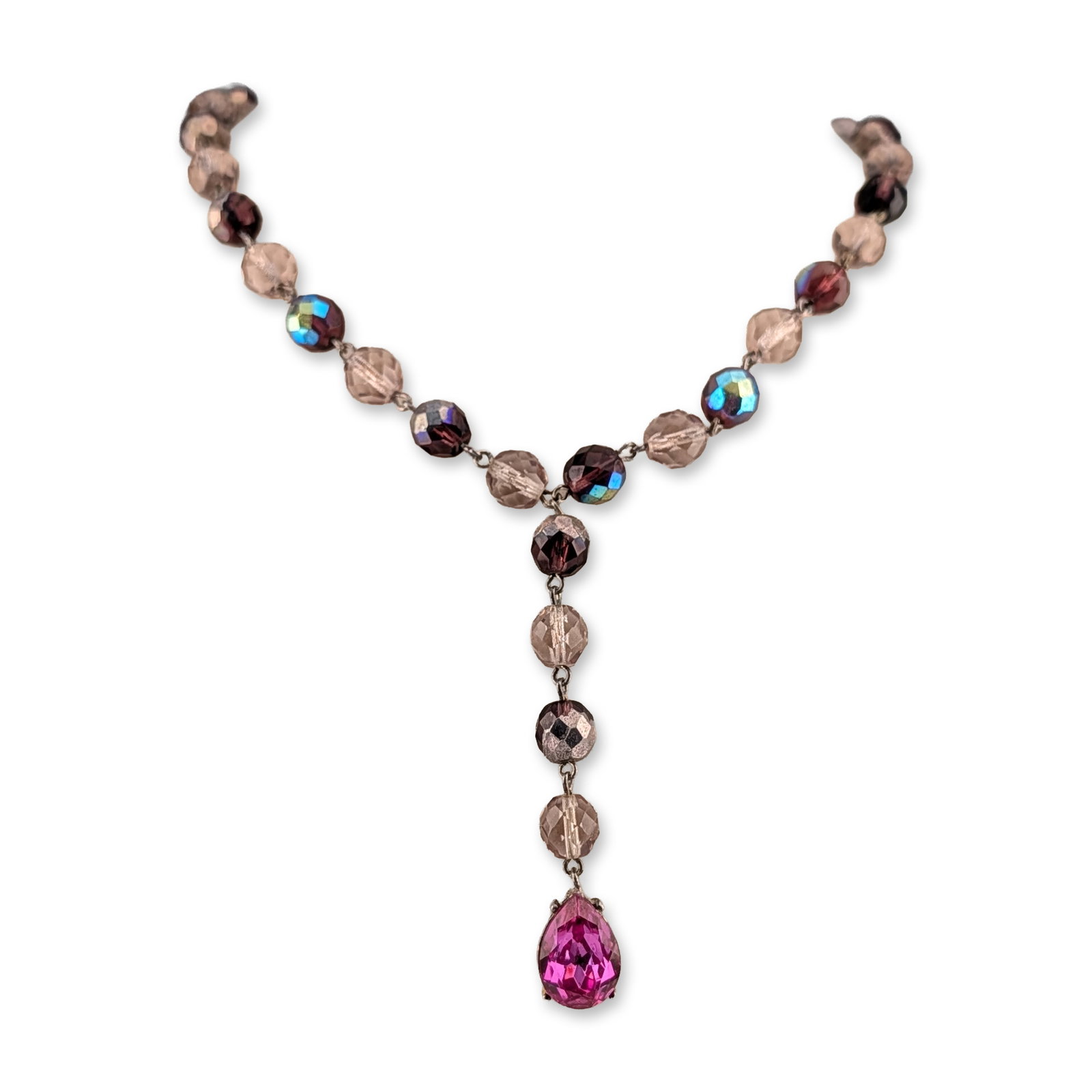 Viviane Guenoun Beaded Lariat Pendant Necklace: Viviane Guenoun lariat style necklace in silver-tone metal with an antiqued finish. The chain is constructed with individually linked faceted glass beads in shades of deep purple, mauve, and iridescen