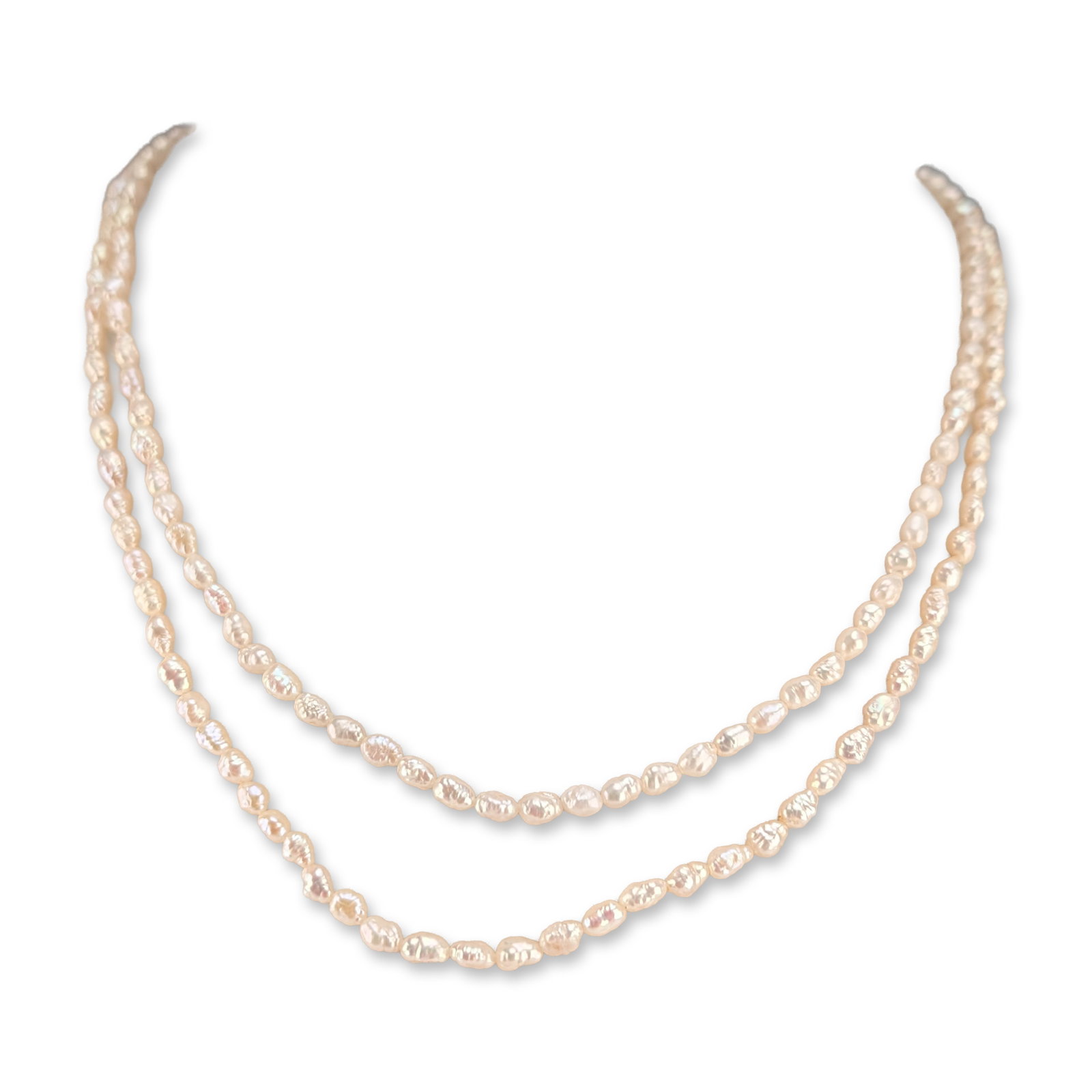 14K Yellow Gold Double Strand Baroque Pearl Necklace: 14k yellow gold double strand necklace featuring baroque freshwater cultured pearls. The pearls exhibit irregular nugget or rice forms in a creamy white tone with iridescent pink and green overtones. 