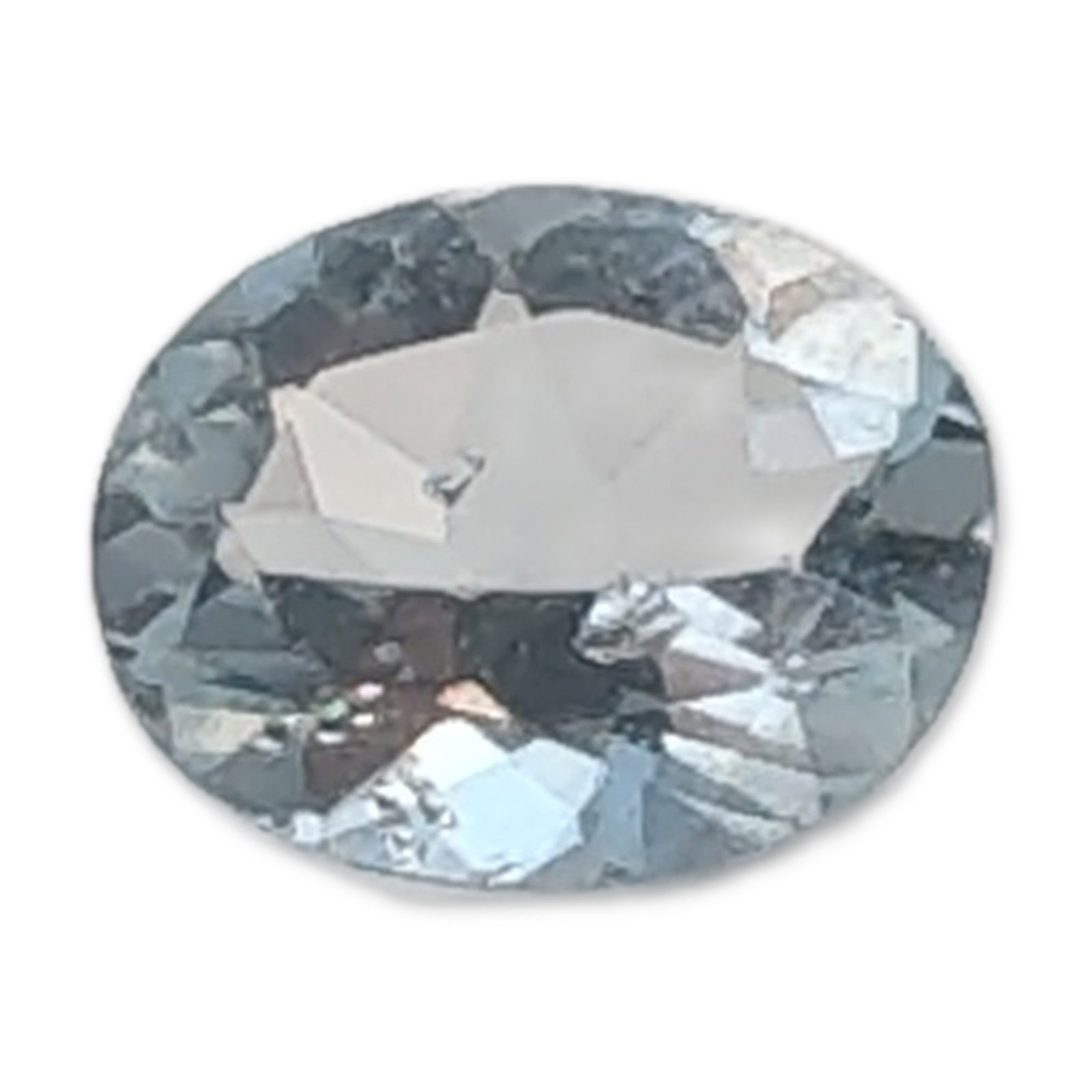 Loose Oval Cut Light Blue Aquamarine Gemstone: Single loose faceted aquamarine gemstone in an oval brilliant cut. The specimen displays a very pale blue, near-colorless tint and eye-clean clarity. Tested with Presidium Gem Tester II.0.2