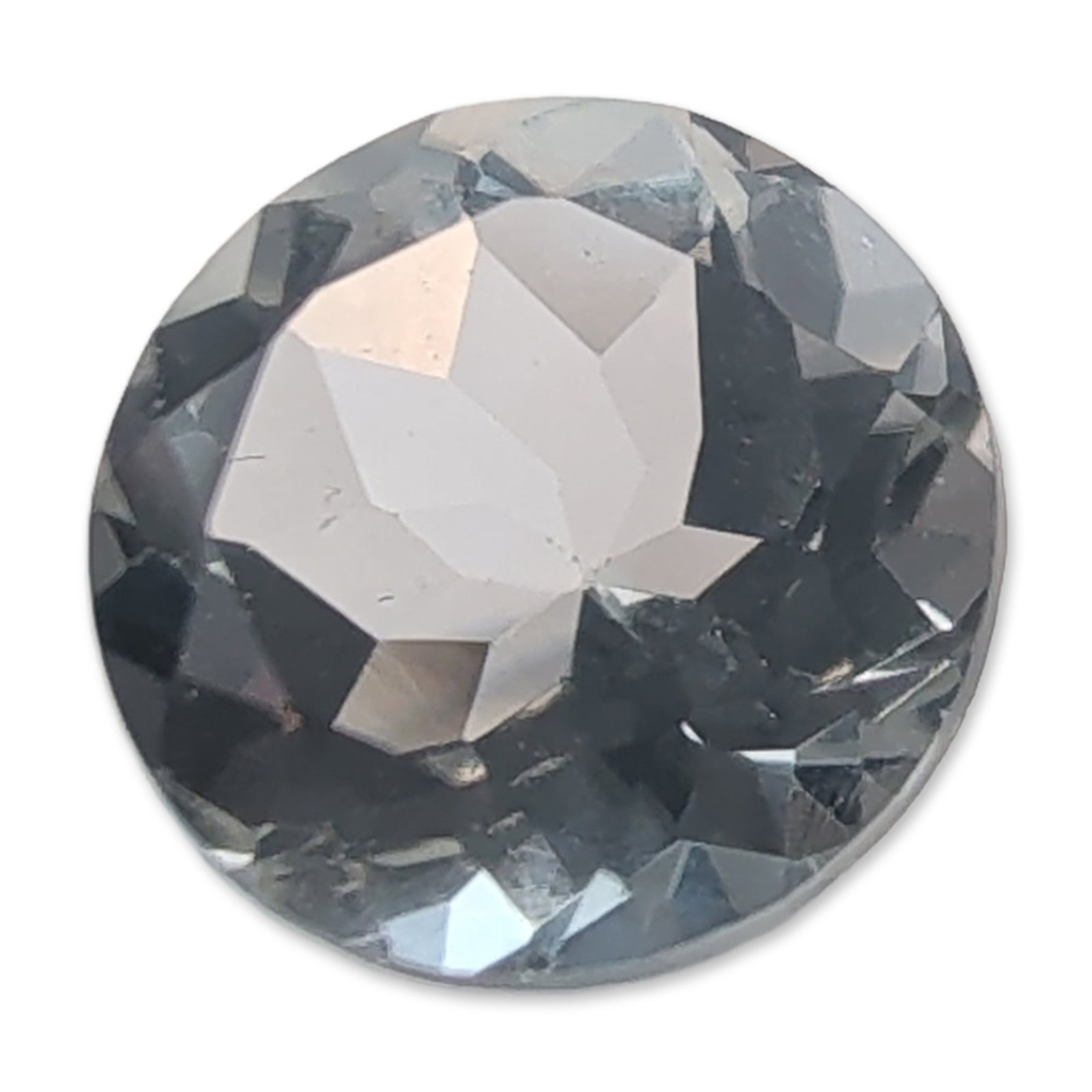 Round Brilliant Cut Aquamarine Loose Gemstone: Pale blue aquamarine loose gemstone in a round brilliant cut. The stone exhibits eye-clean clarity and sharp faceting. Tested with Presidium Gem Tester II.9 mm2.5 carats. Dimensions: 9mm