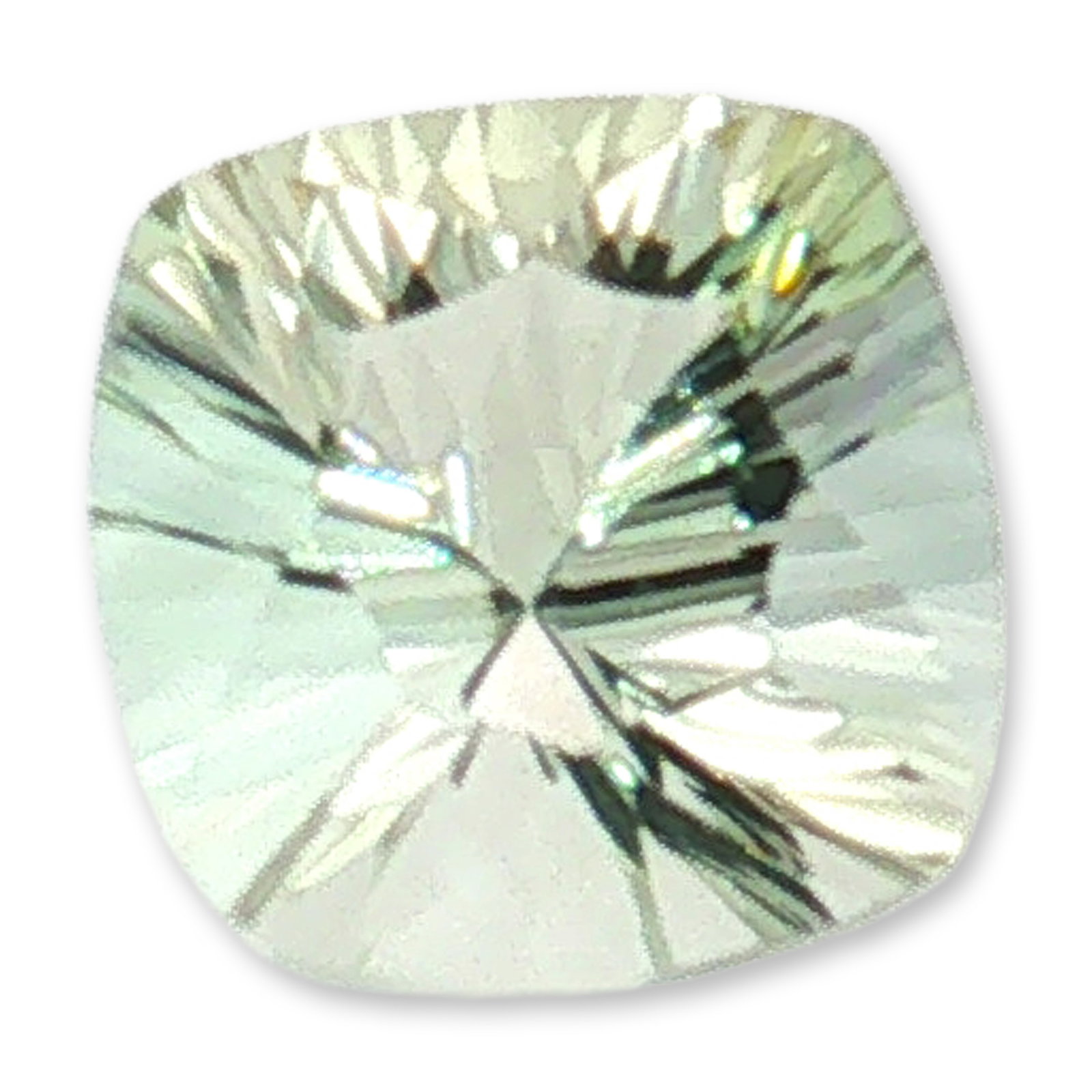 Cushion Cut Green Beryl Gemstone: A loose beryl gemstone in a pale mint green hue, featuring a cushion cut with an intricate faceting pattern. The pavilion is cut with multiple facets radiating from the center, creating a starburst