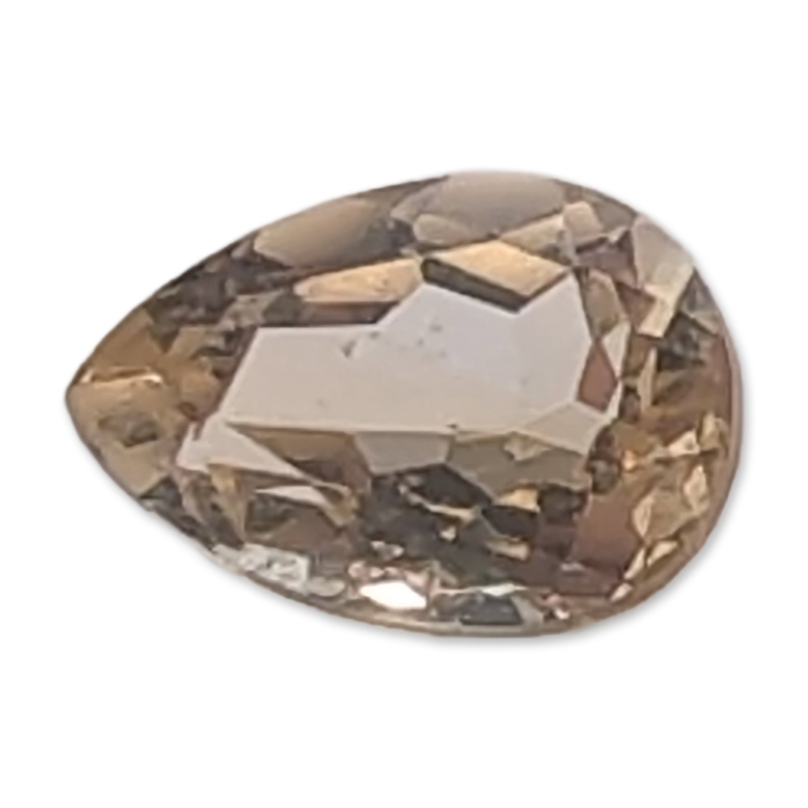 Loose Pear Brilliant Cut Citrine Gemstone: Loose pear brilliant cut citrine gemstone. The stone features a pale brownish-yellow to light champagne coloration with amber-toned saturation. Visual characteristics include a faceted table with