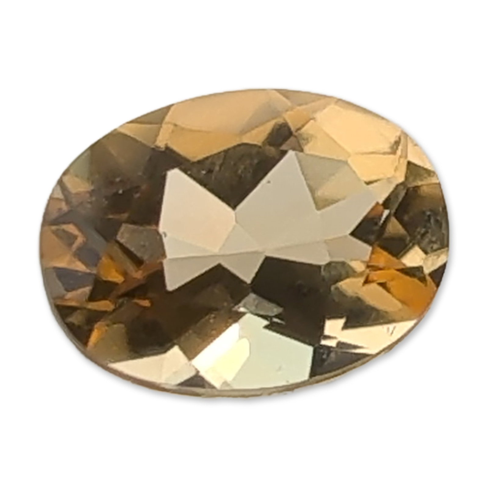 Oval Faceted Yellow Citrine Gemstone: A loose oval-cut faceted citrine gemstone featuring a pale golden-yellow or champagne hue. It displays good transparency and an eye-clean appearance, with visible center windowing and extinction