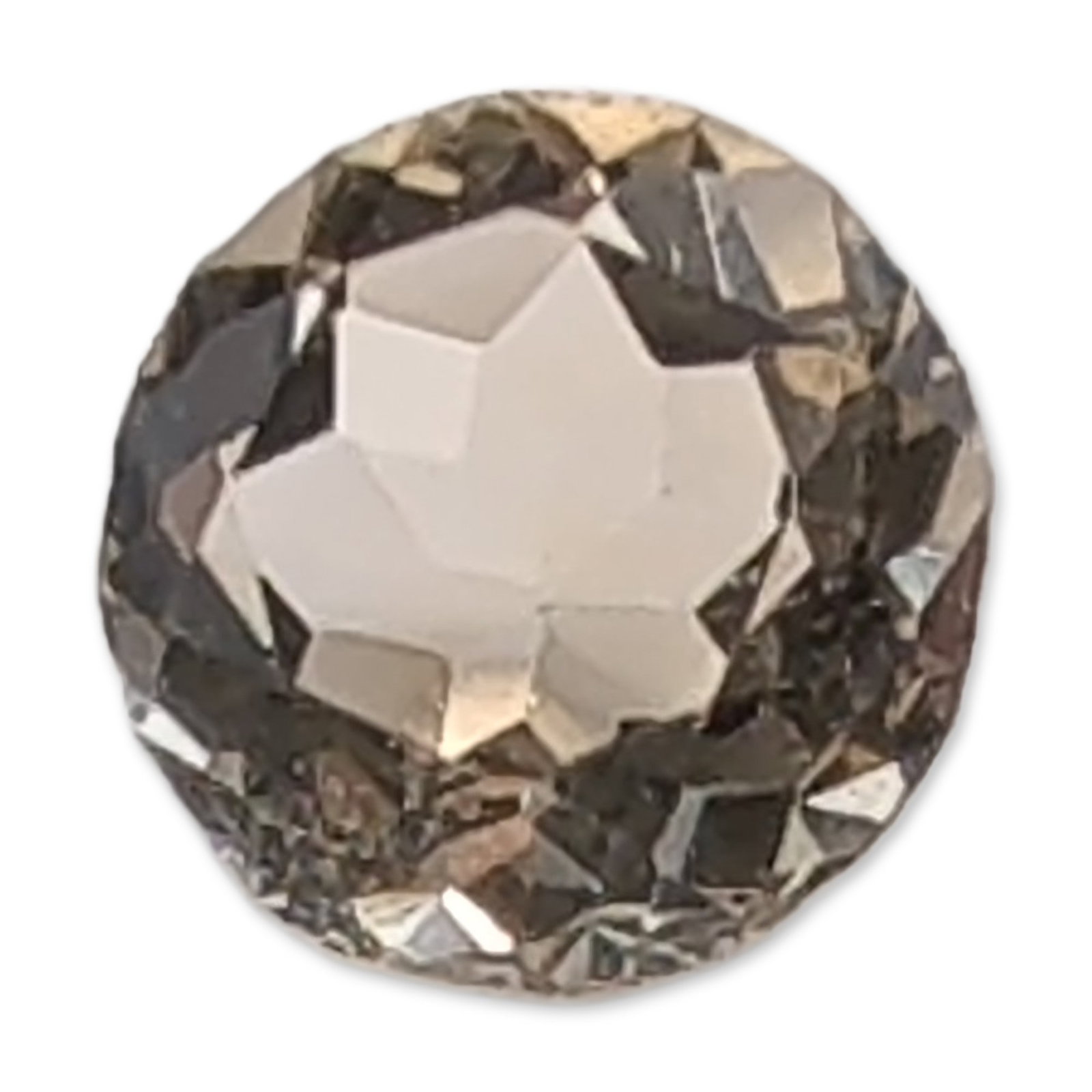 Round Brilliant Cut Citrine Loose Gemstone: Single loose faceted citrine gemstone. The stone features a round brilliant cut and exhibits a light brownish-yellow hue. The gemstone appears eye-clean with a transparent body and shows no visible