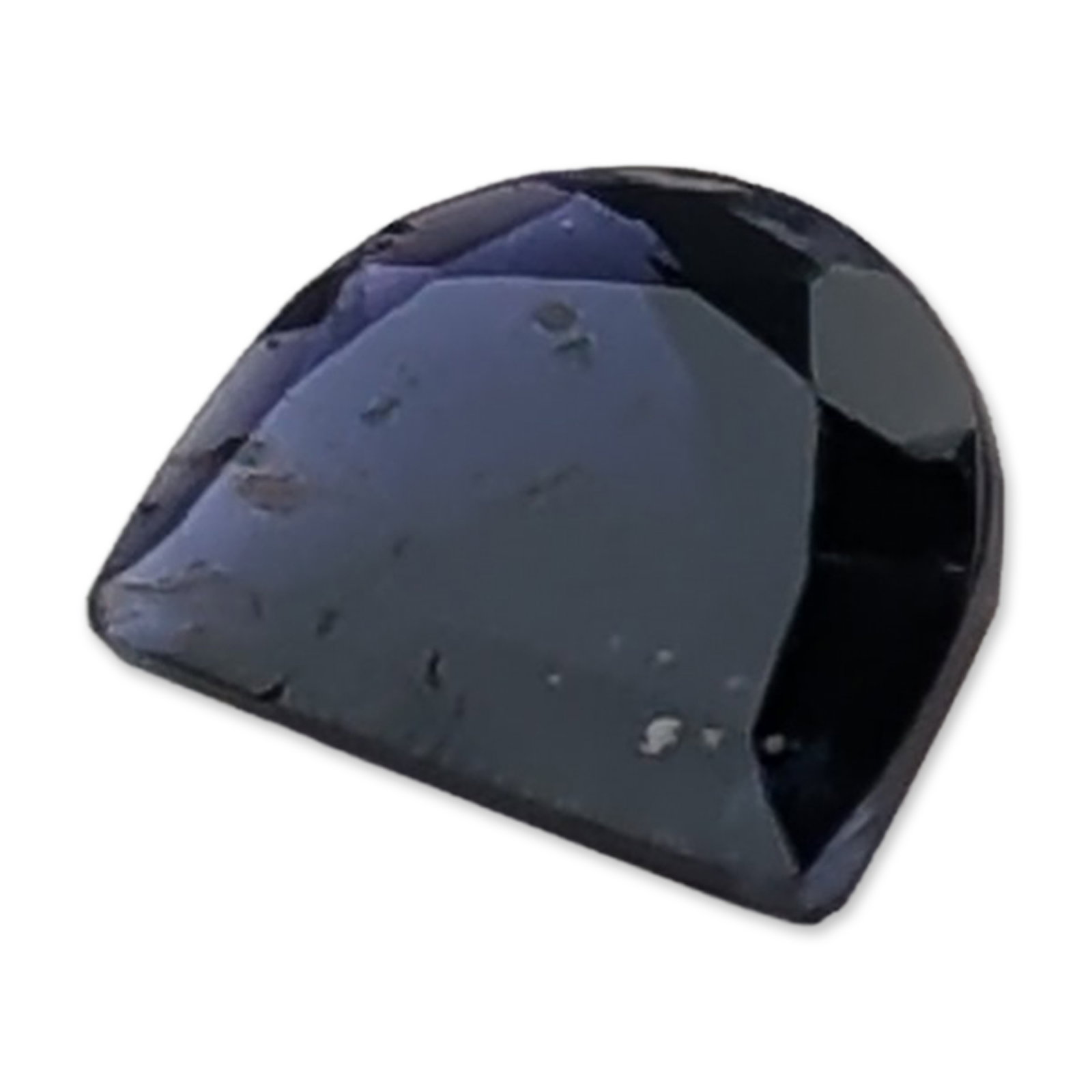Violet-Blue Half-Moon Cut Iolite Gemstone: Loose faceted iolite gemstone fashioned in a half-moon semi-circular cut and displays a deep violet-blue color. Internal dark pinpoint inclusions are visible. Tested with Presidium Gem Tester II.Appro
